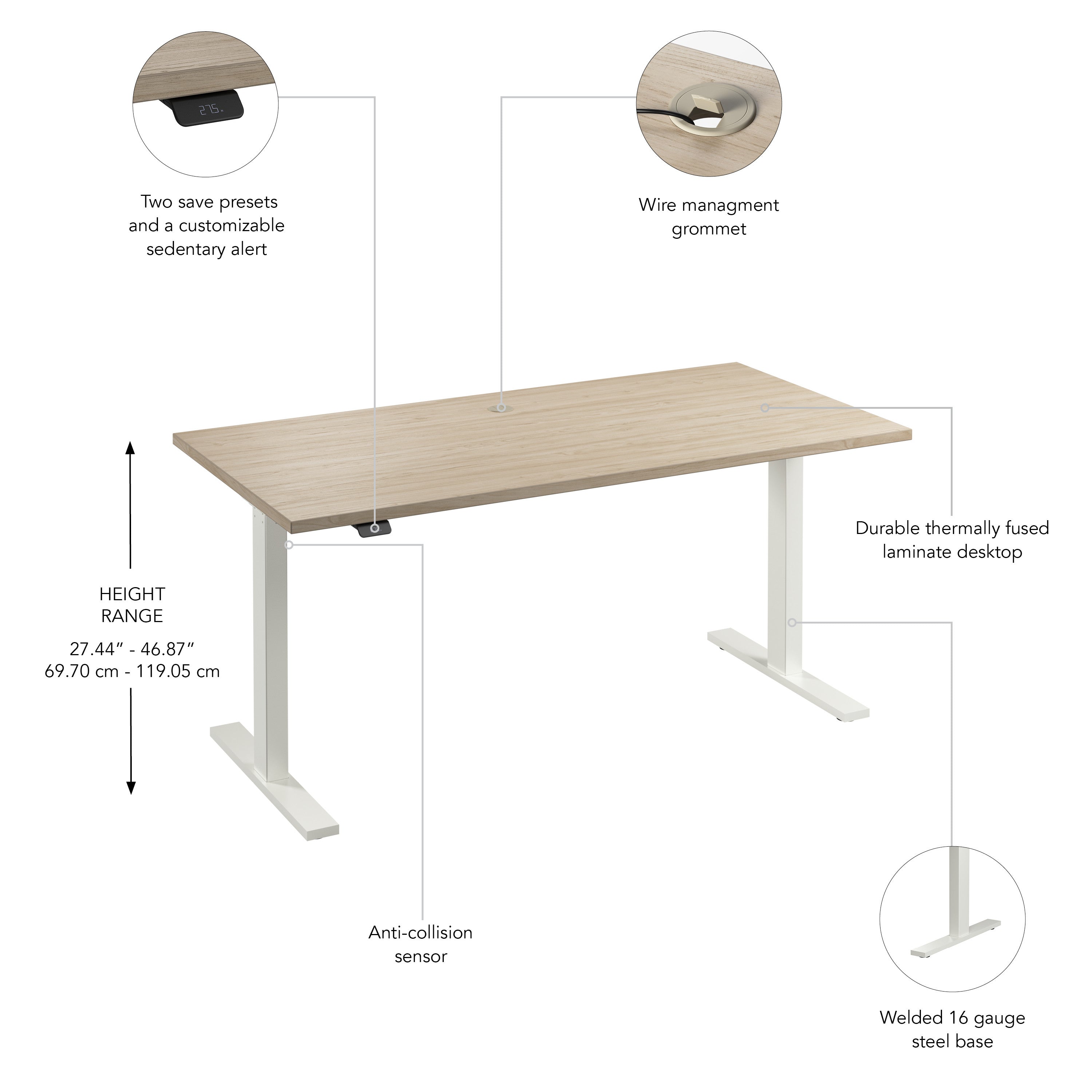 Bush Business Furniture Move 60 Series 60W x 30D Electric Height Adjustable Standing Desk in Natural Elm with White Base - 59.45" Width x 29.37" Depth x 27.44" Height