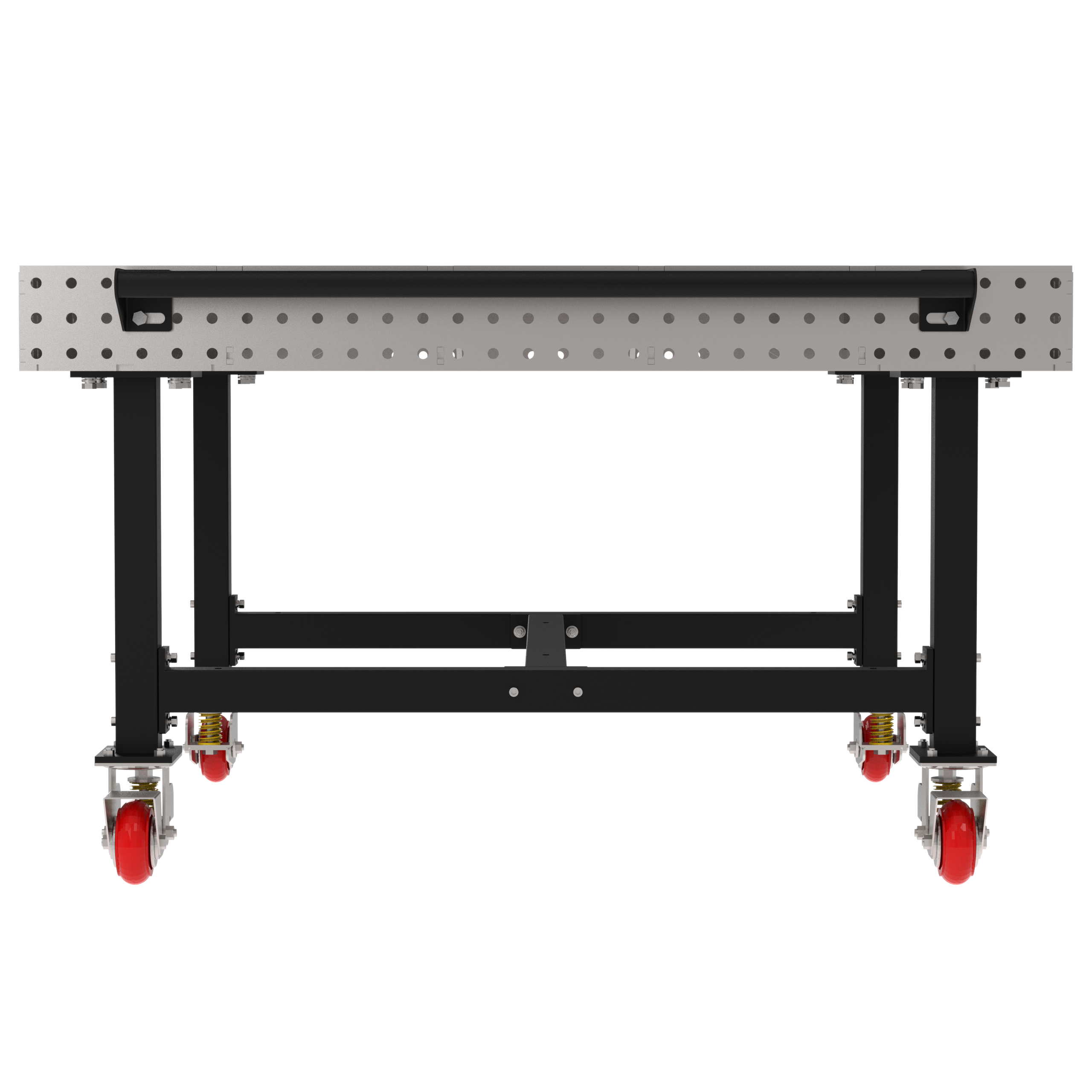 Welding Fixture Table, Fixed Height, 36"H x 60"L x 60"D, 1/4" Carbon Steel Top, Four Black Powdercoat Legs, Handle, 4 Heavy Duty Suspension Casters (2 Locking/Swiveling Casters and 2 Non-Locking/Non-SwivelingCasters)