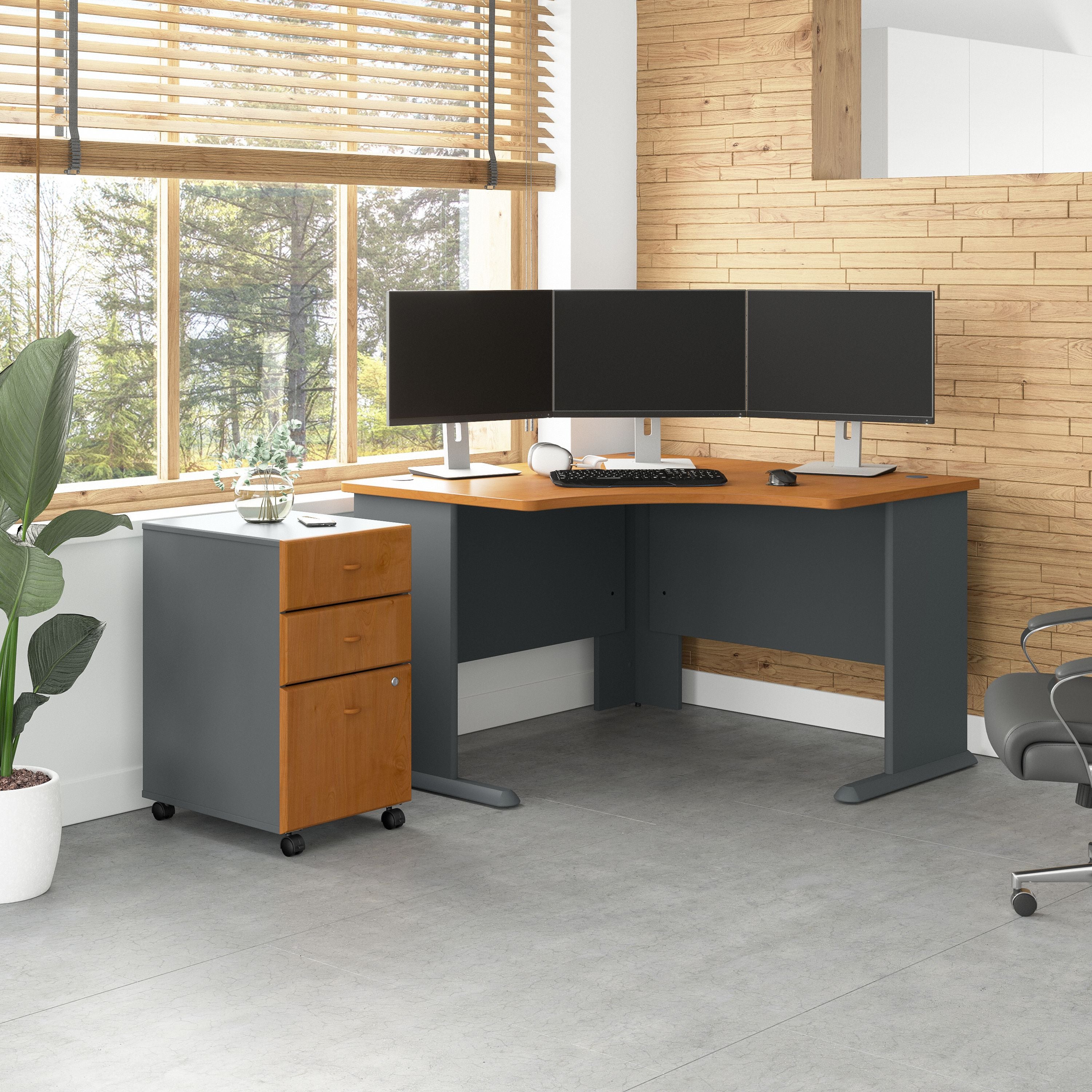 Bush Business Furniture Series A 48W Corner Desk with Mobile File Cabinet in Natural Cherry and Slate - 51.52" Width x 47.17" Depth x 29.66" Height