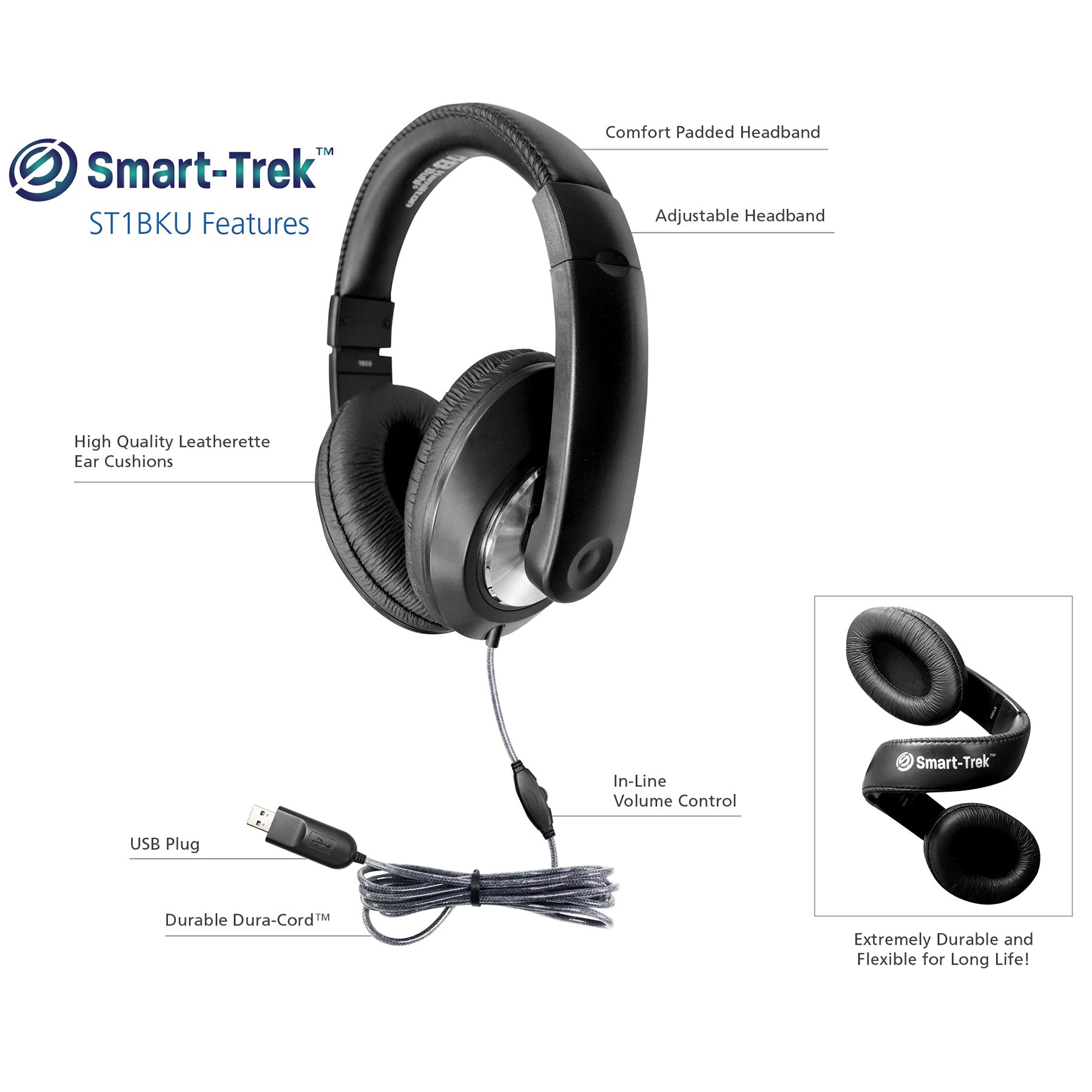 Smart-Trek Deluxe Stereo Headphone with In-Line Volume Control and USB Plug