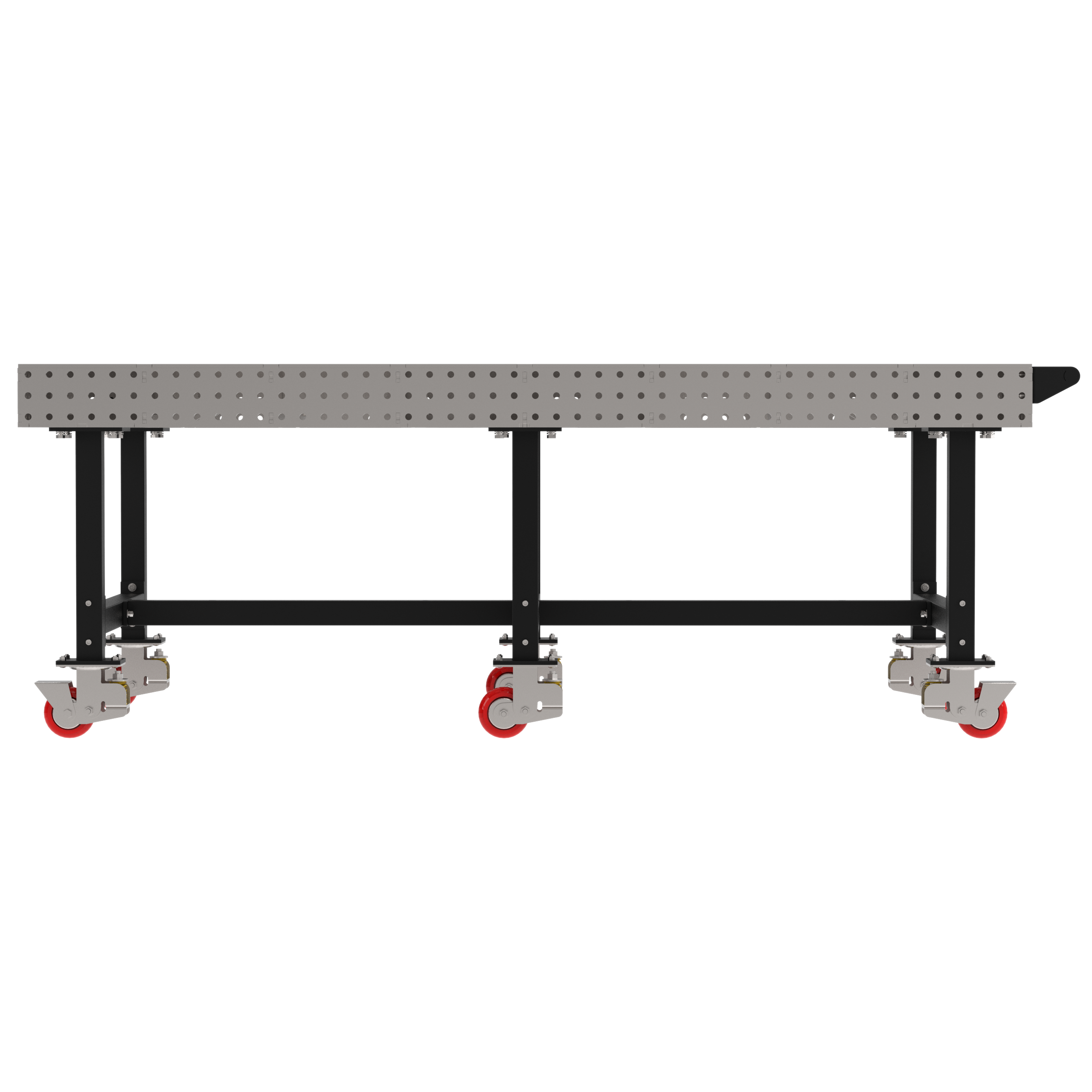 Welding Fixture Table, Fixed Height, 36"H x 96"L x 48"D, 1/4" Carbon Steel Top, Six Black Powdercoat Legs, Handle, 6 Heavy Duty Suspension Casters (4 Locking/Swiveling Casters and 2 Non-Locking/Non-SwivelingCasters)