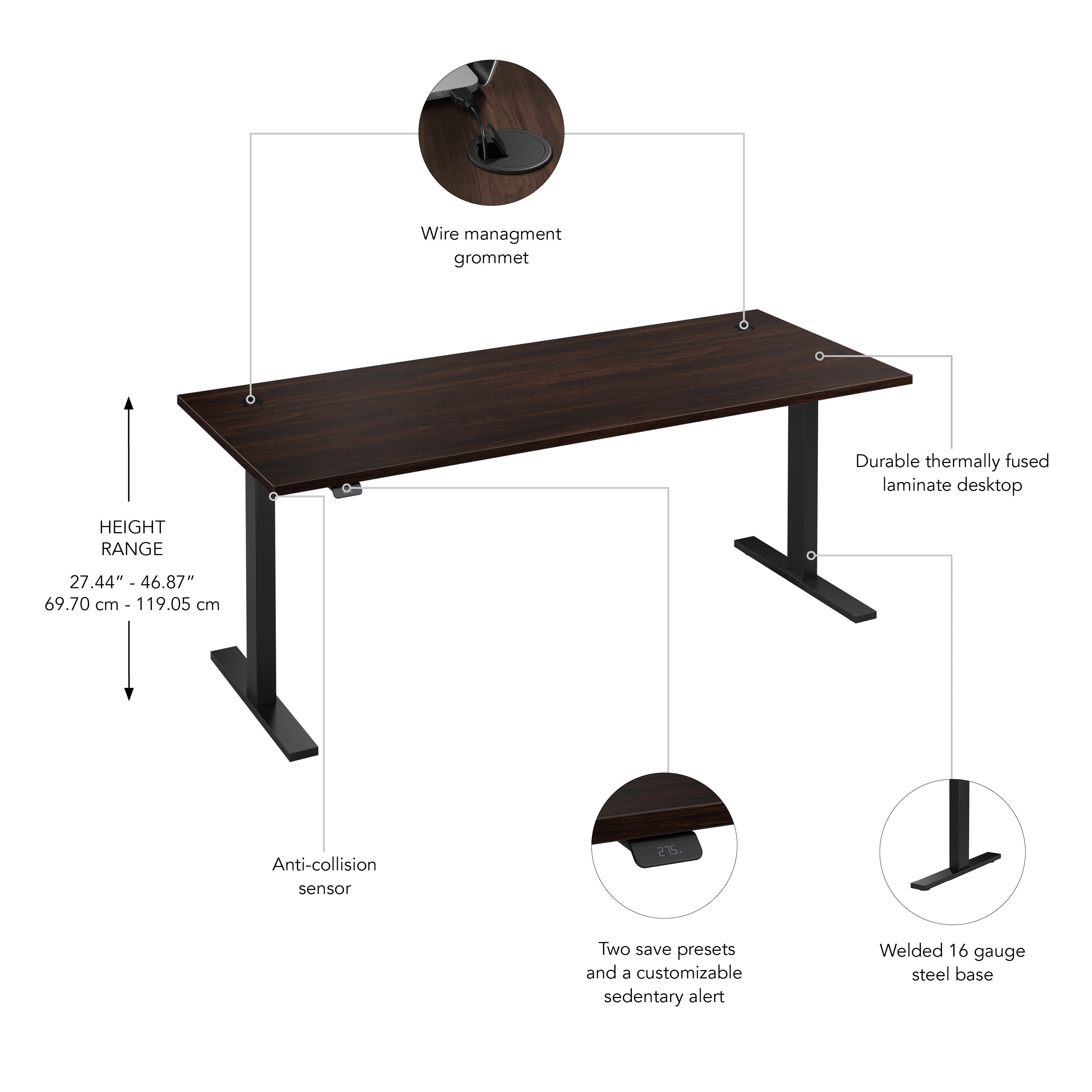 Bush Business Furniture Move 60 Series 72W x 30D Electric Height Adjustable Standing Desk in Black Walnut with Black Base - 71.02" Width x 29.37" Depth x 47.69" Height