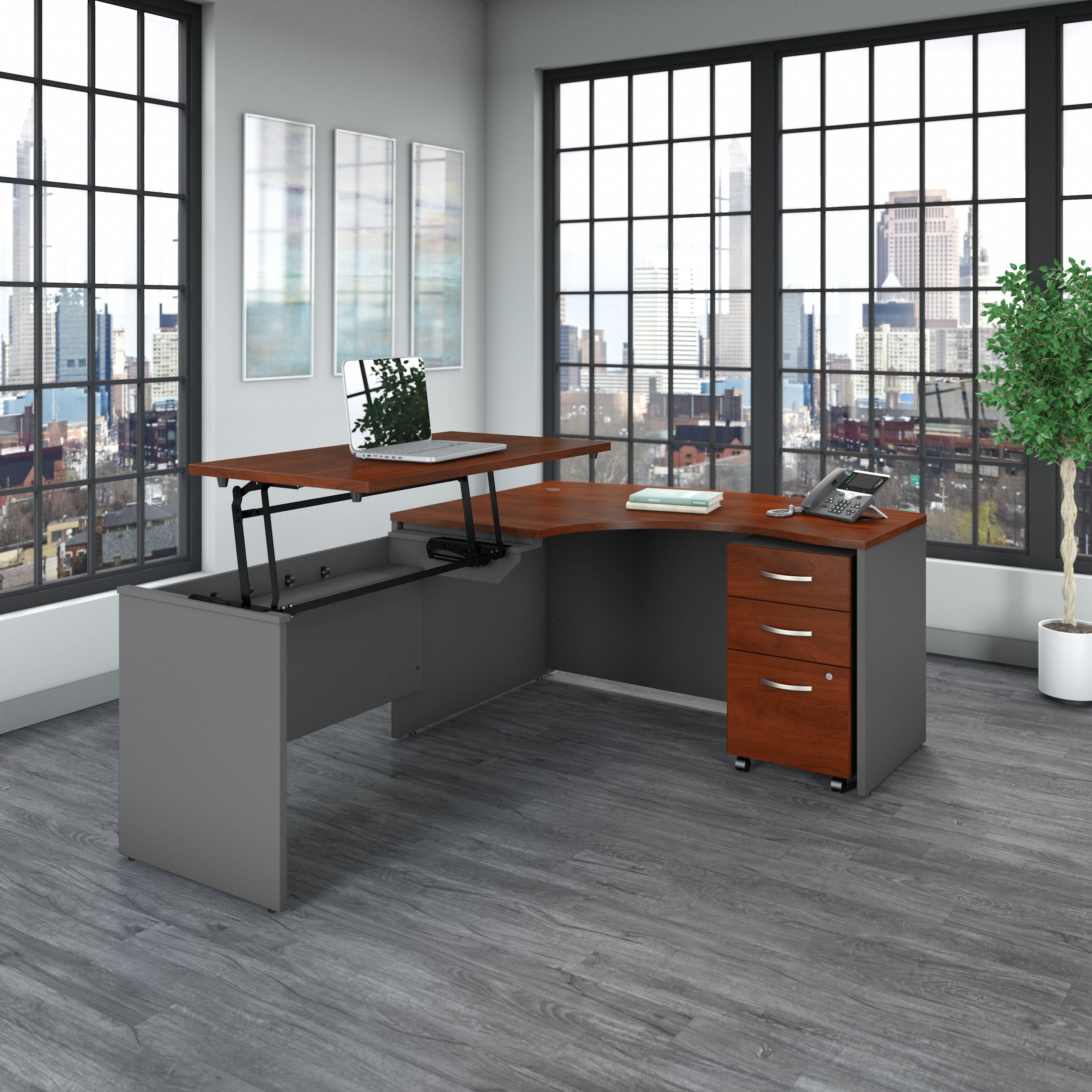 Bush Business Furniture Series C 60W x 43D Left Hand 3 Position Sit to Stand L Shaped Desk with Mobile File Cabinet in Hansen Cherry/Graphite Gray - 58.86" Width x 85.51" Depth x 29.84" Height