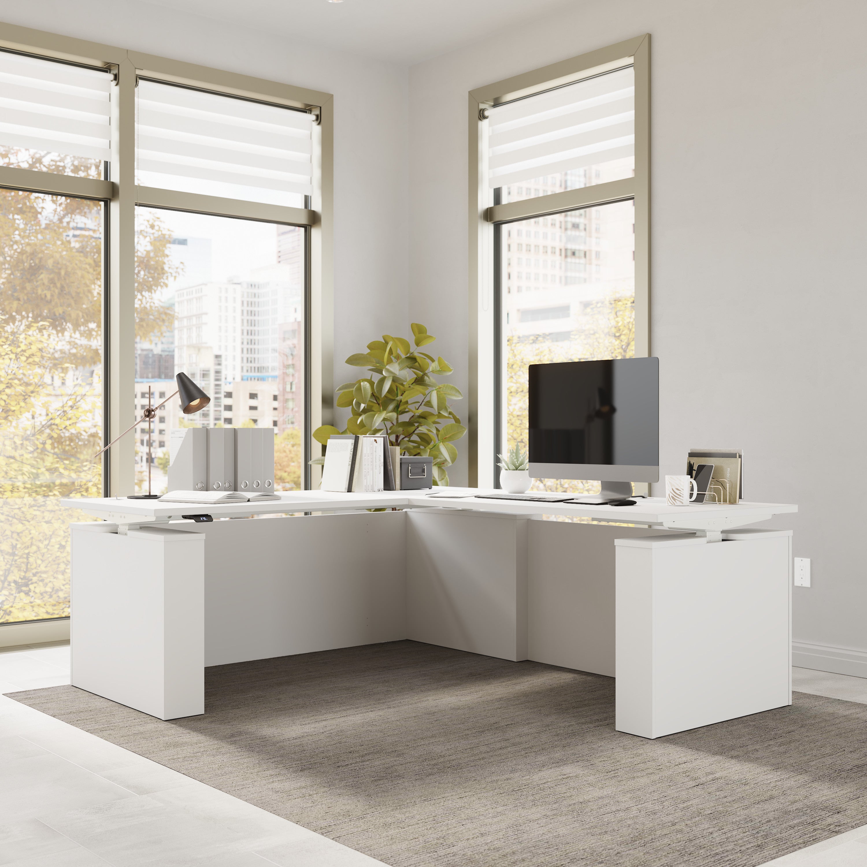 Bush Business Furniture Stratus&nbsp;72W x&nbsp;78D Electric Height Adjustable L Shaped Standing Desk in White with White Base - 71.02" Width x 76.97" Depth x 27.44" Height