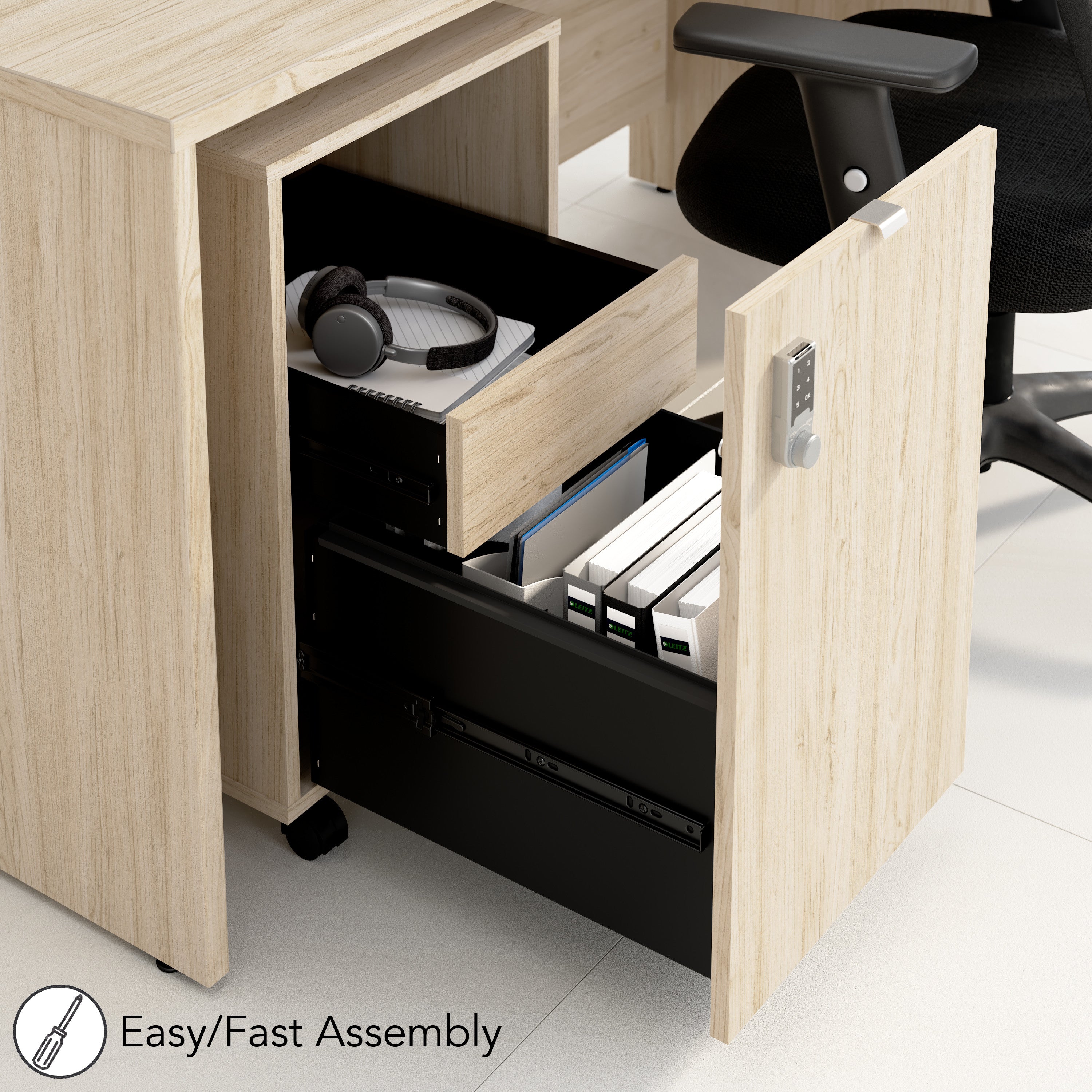 Bush Business Furniture Assure Mobile File Cabinet with Drawers and Keypad Lock in Natural Elm - 15.65" Width x 20.24" Depth x 25.91" Height