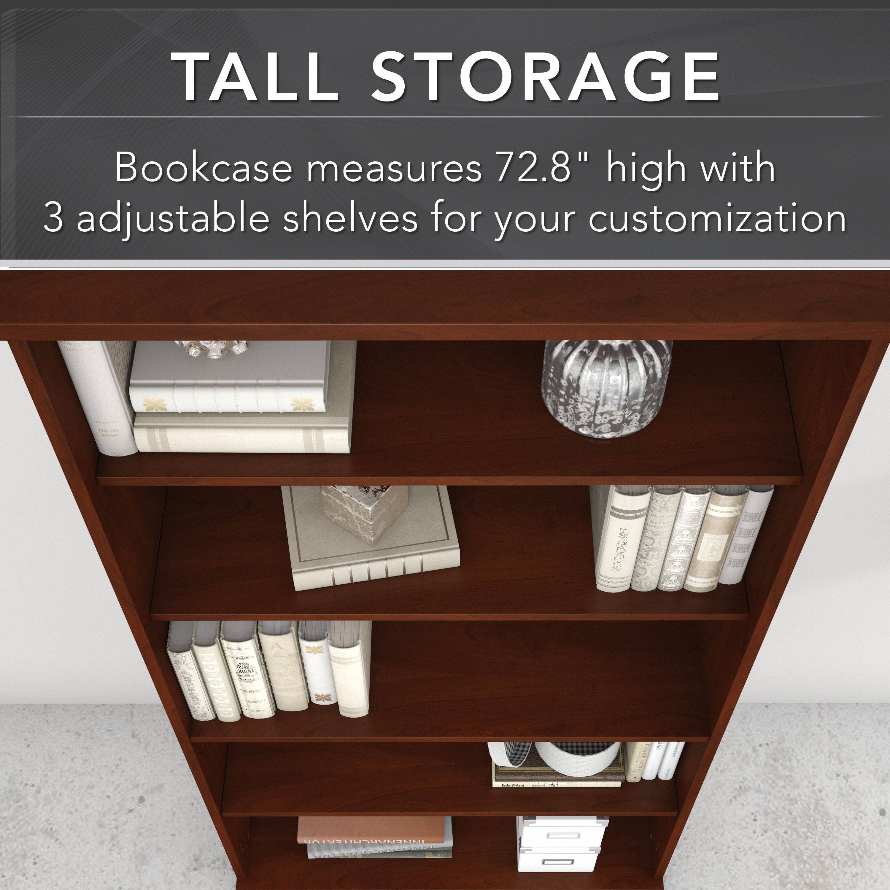 Bush Business Furniture Studio C 5 Shelf Bookcase with Doors in Hansen Cherry - 35.67" Width x 15.35" Depth x 72.8" Height