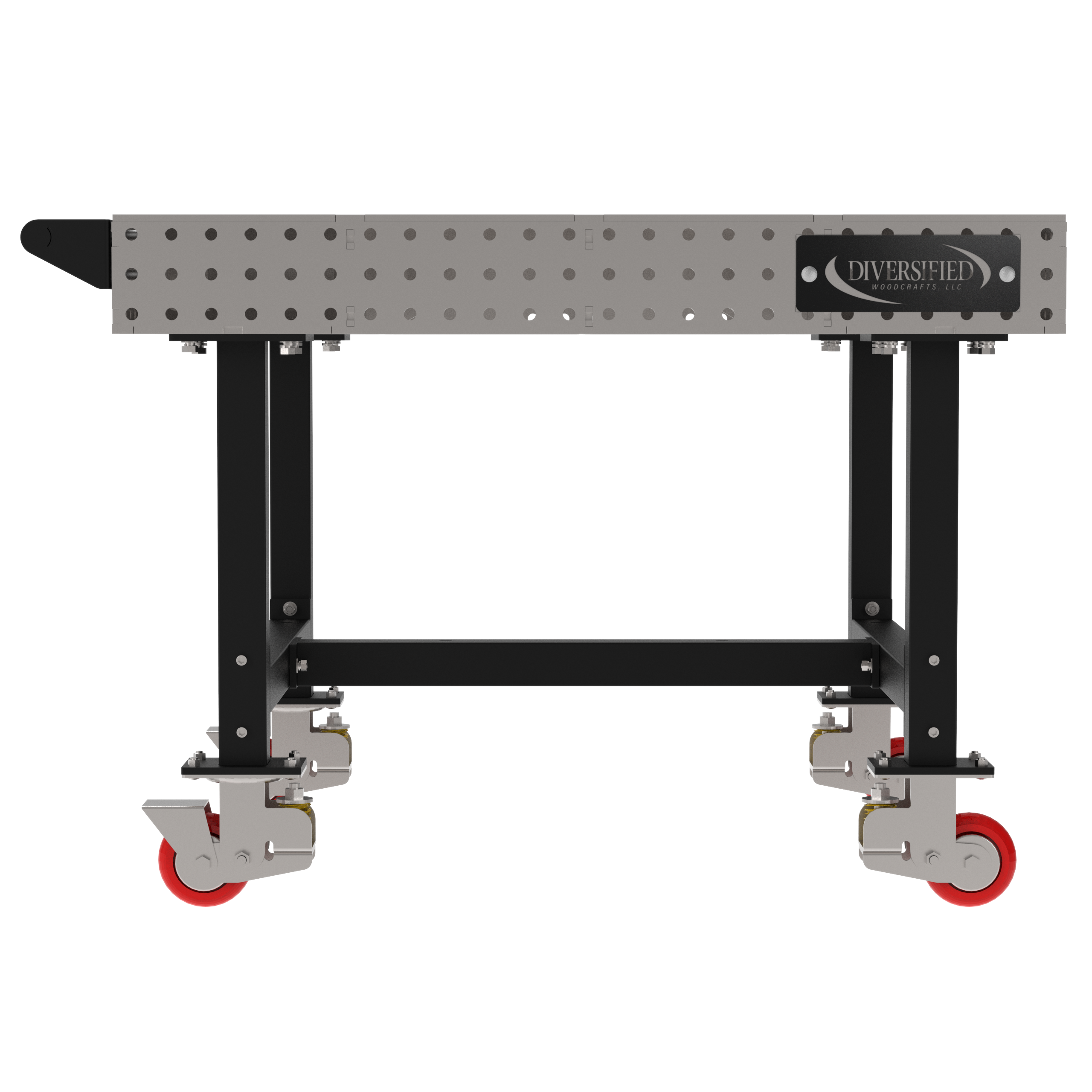 Welding Fixture Table, Fixed Height, 36"H x 48"L x 48"D, 1/4" Carbon Steel Top, Four Black Powdercoat Legs, Handle, 4 Heavy Duty Suspension Casters (2 Locking/Swiveling Casters and 2 Non-Locking/Non-SwivelingCasters)