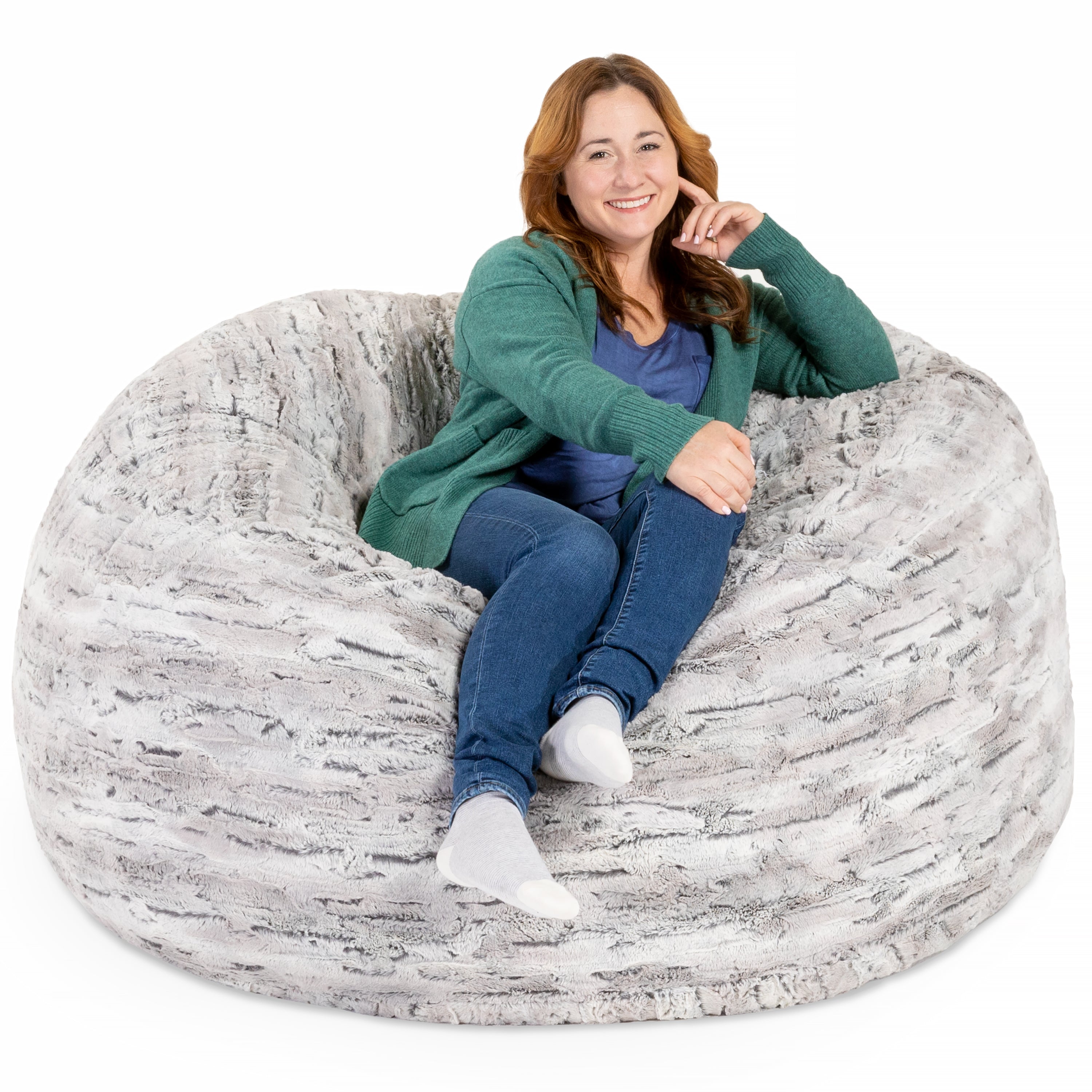 Jaxx 5 Foot Saxx Bean Bag Chair For Adults - Luxe Faux Fur, Silver Fox