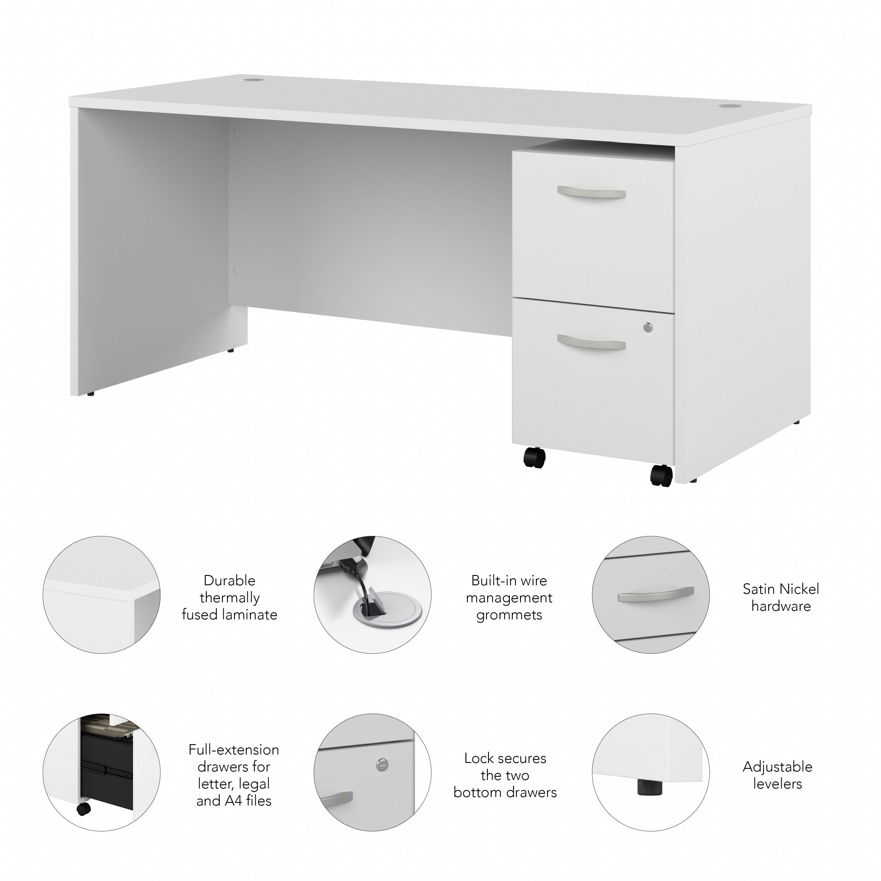 Bush Business Furniture Studio C 66W x 30D Office Desk with 2 Drawer Mobile File Cabinet in White - 65.98" Width x 29.37" Depth x 29.84" Height