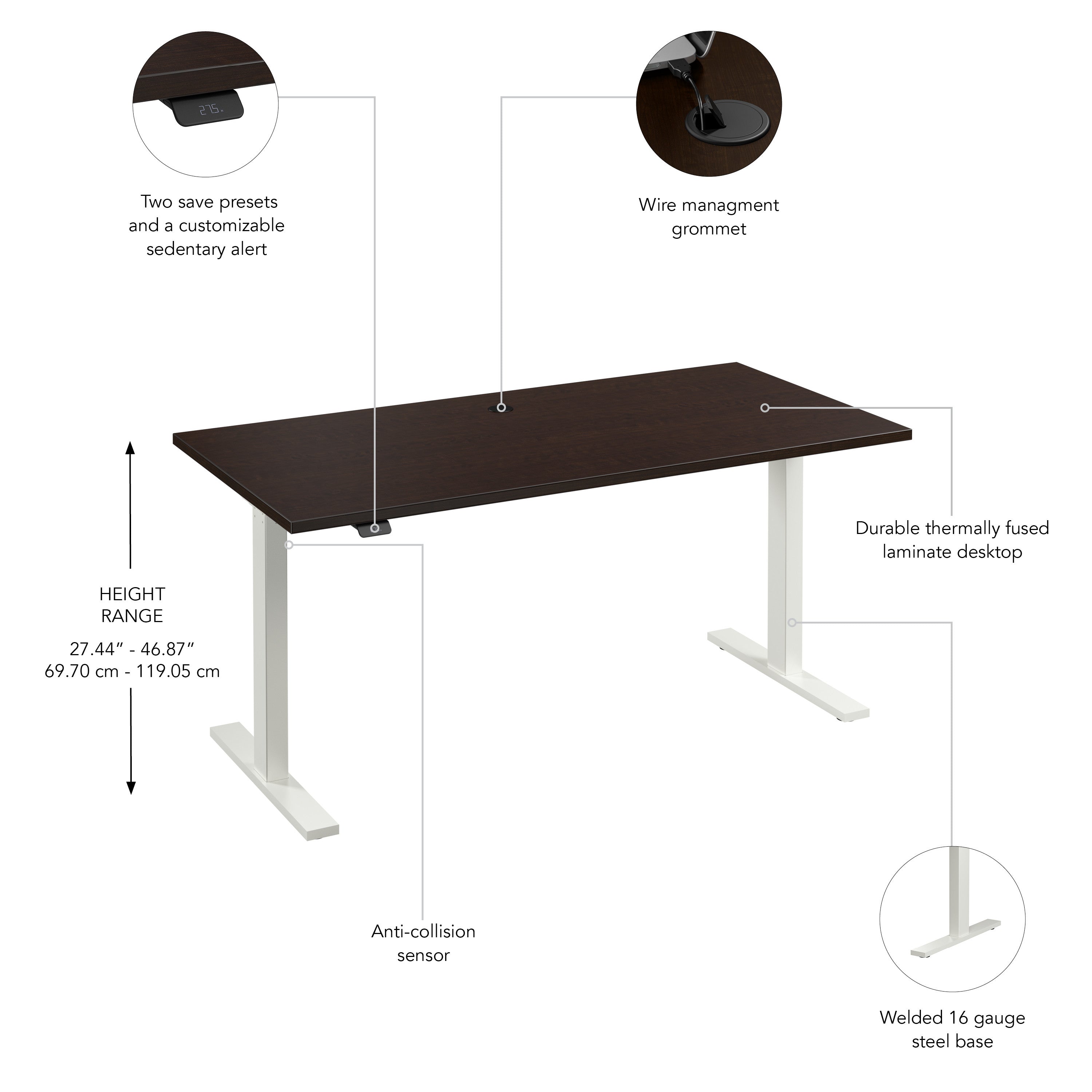 Bush Business Furniture Move 60 Series 60W x 30D Electric Height Adjustable Standing Desk in Mocha Cherry with White Base - 59.45" Width x 29.37" Depth x 27.44" Height