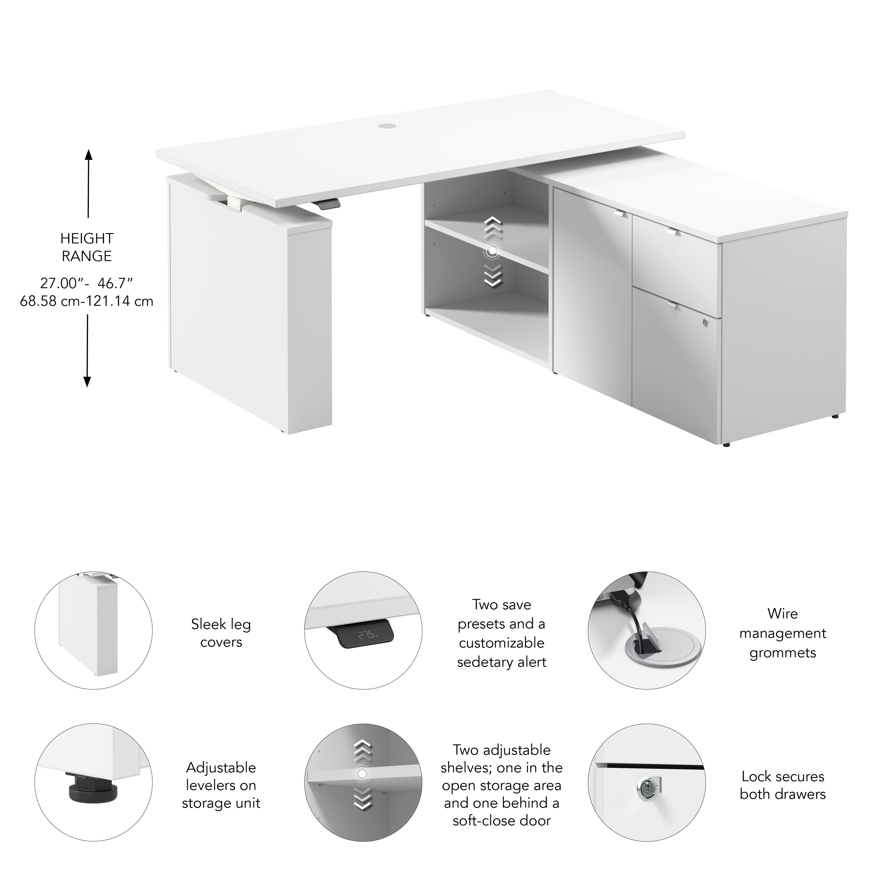 Bush Business Furniture Stratus&nbsp;60W x&nbsp;30D Electric Height Adjustable Standing Desk with Storage in White with White Base - 59.45" Width x 29.37" Depth x 27.44" Height