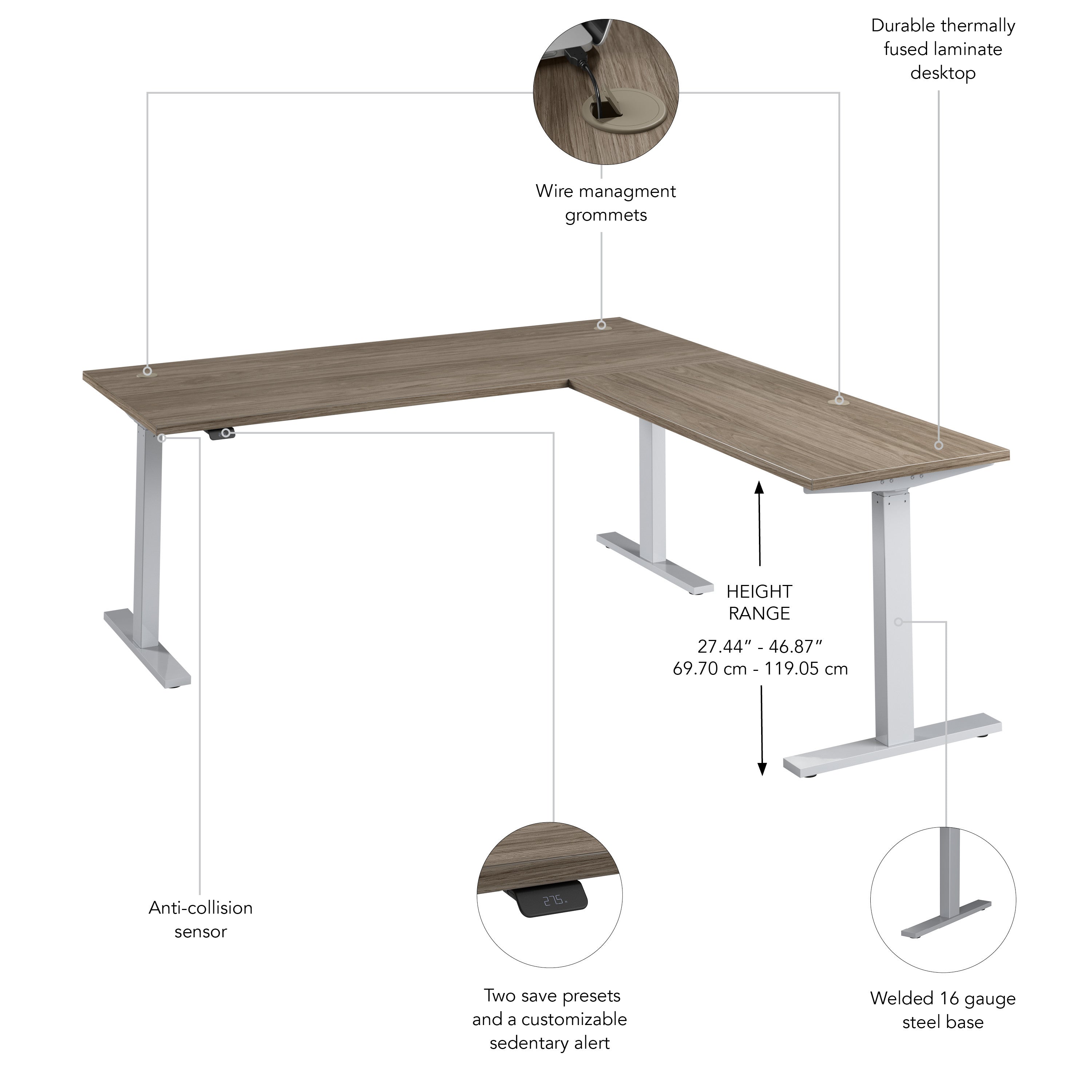 Bush Business Furniture Move 60 Series 72W Height Adjustable L Shaped Standing Desk in Modern Hickory with Metallic Gray Base - 71.02" Width x 76.97" Depth x 27.44" Height