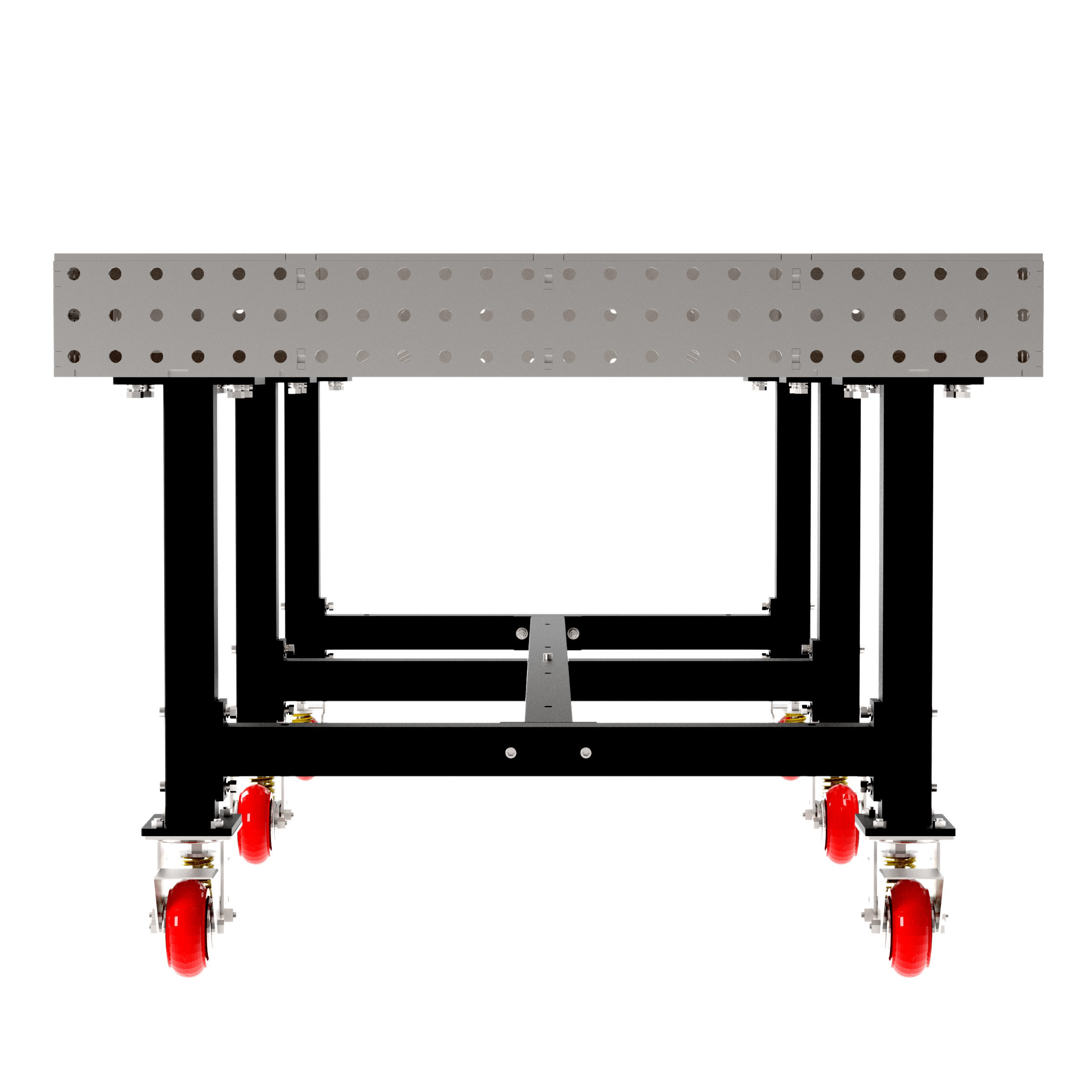 Welding Fixture Table, Fixed Height, 36"H x 96"L x 48"D, 1/4" Carbon Steel Top, Six Black Powdercoat Legs, 6 Heavy Duty Suspension Casters (4 Locking/Swiveling Casters and 2 Non-Locking/Non-SwivelingCasters)