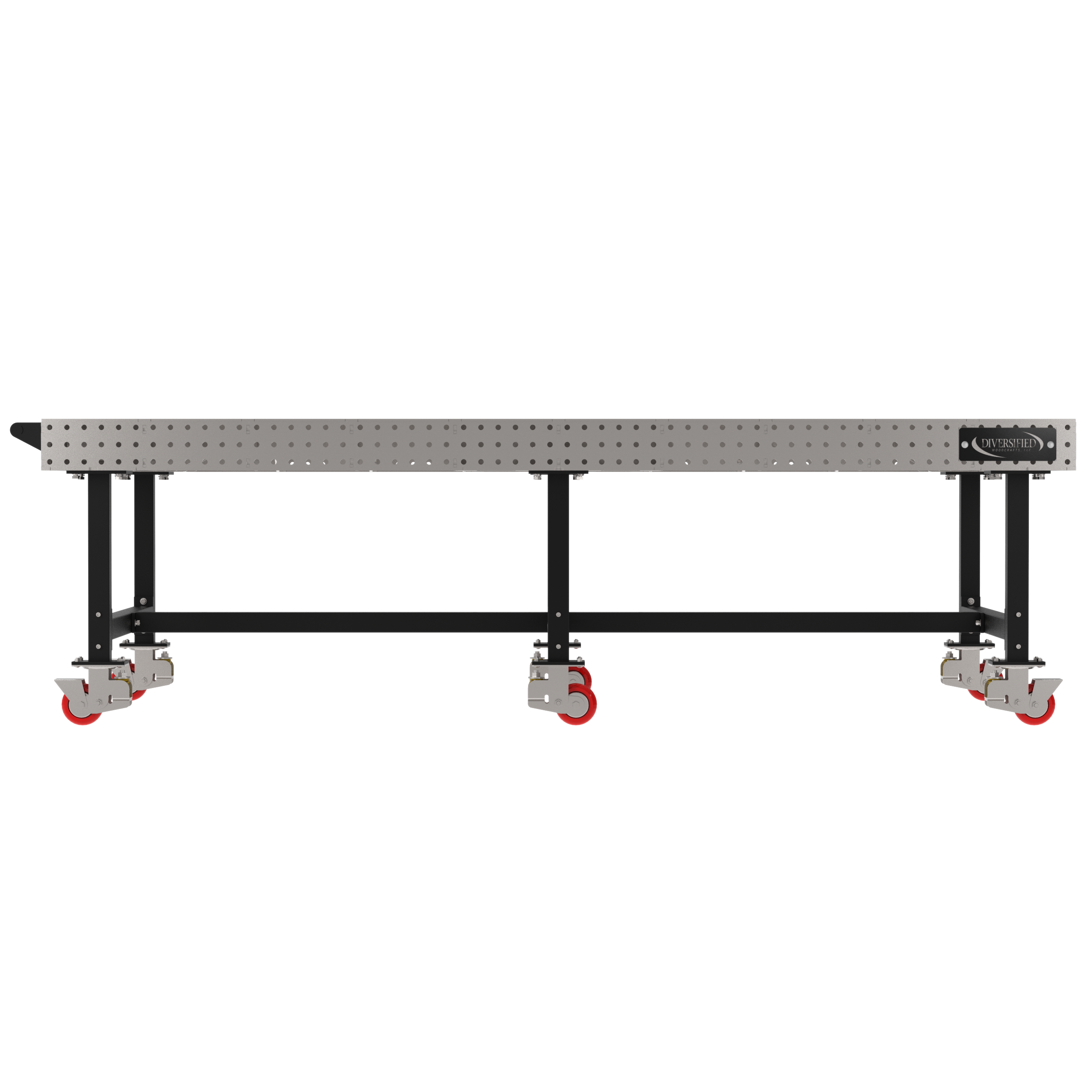 Welding Fixture Table, Fixed Height, 36"H x 120"L x 60"D, 1/4" Carbon Steel Top, Six Black Powdercoat Legs, Handle, 6 Heavy Duty Suspension Casters (4 Locking/Swiveling Casters and 2 Non-Locking/Non-SwivelingCasters)