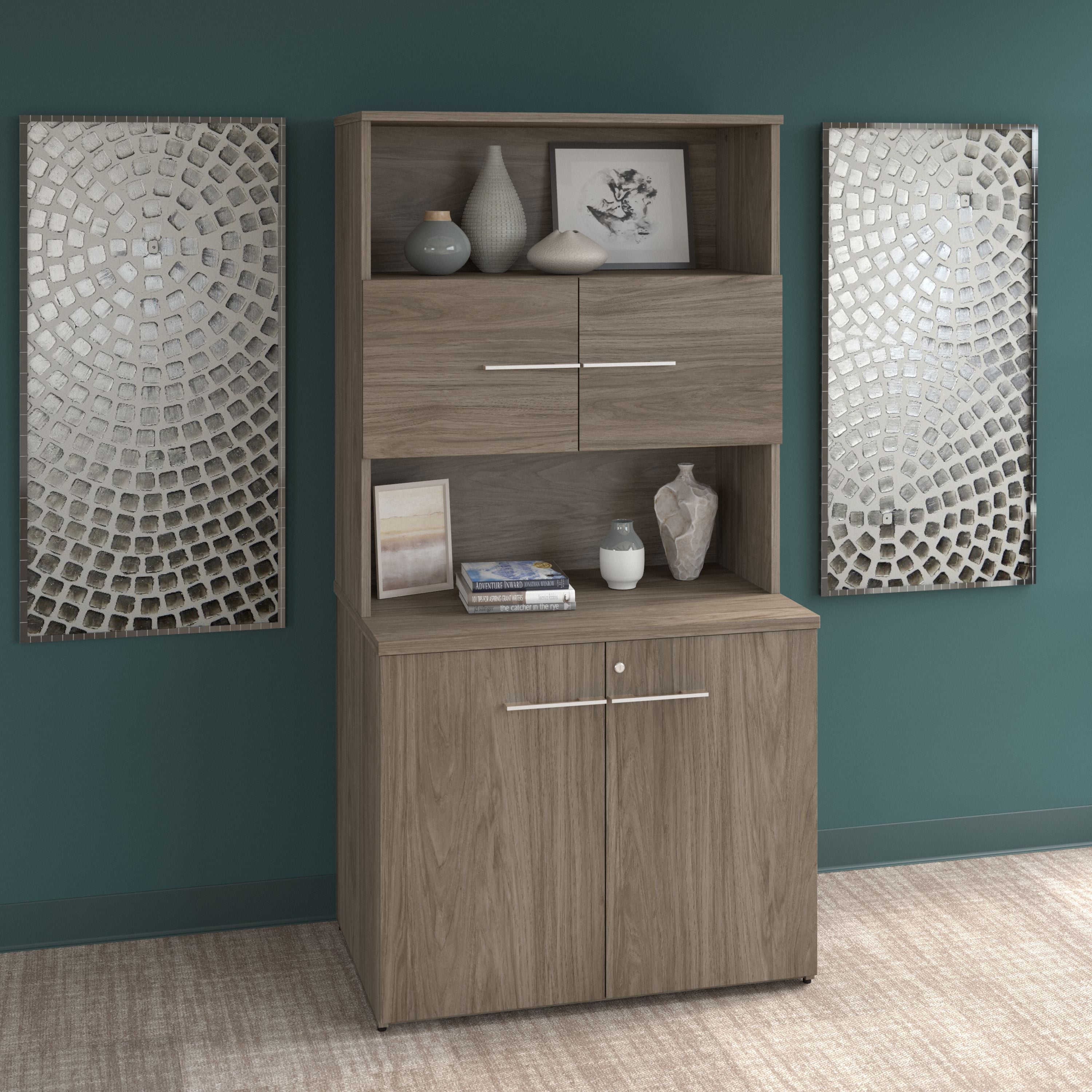 Bush Business Furniture Office 500 36W Tall Storage Cabinet with Doors and Shelves in Modern Hickory - 35.67" Width x 23.35" Depth x 70.09" Height