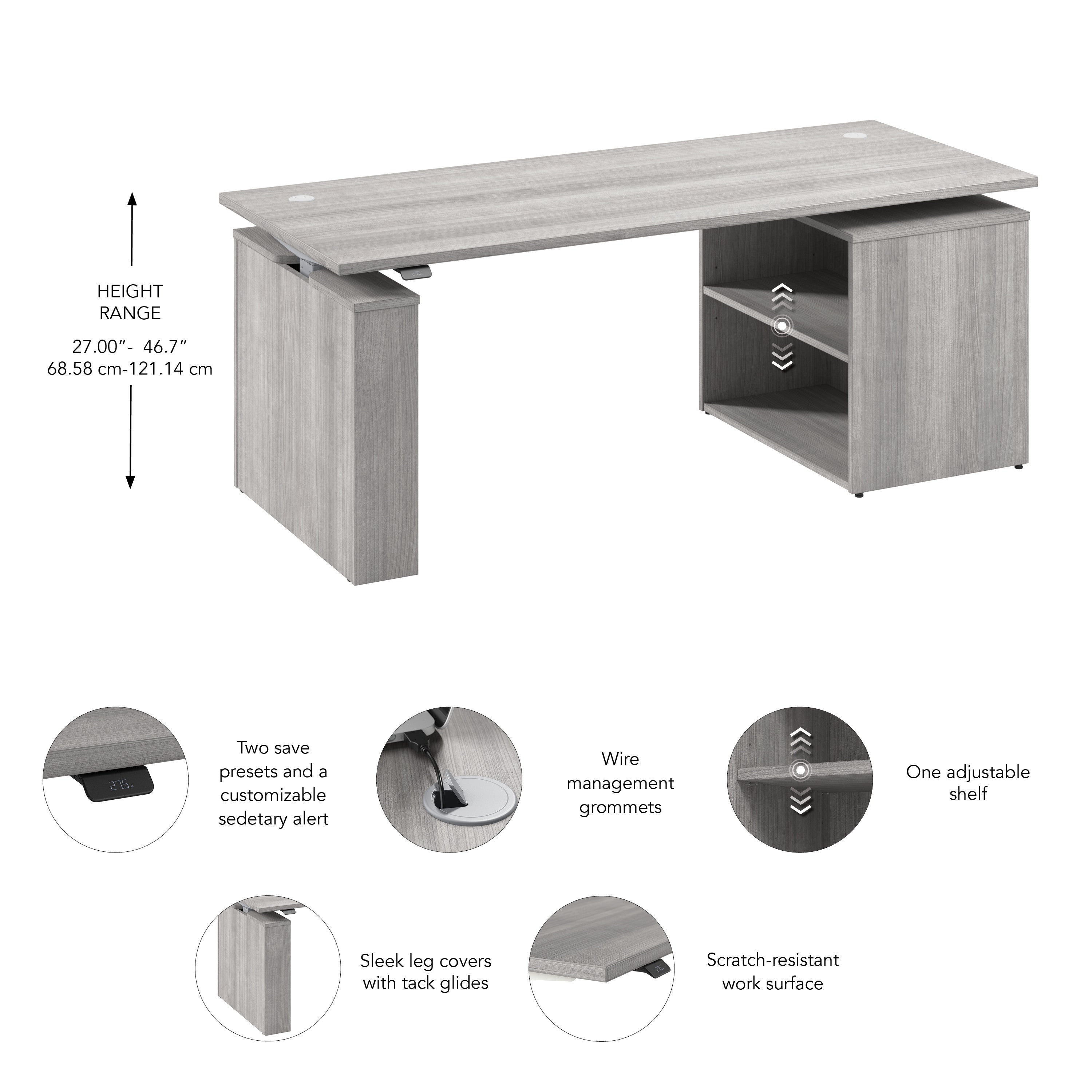 Bush Business Furniture Stratus&nbsp;72W x&nbsp;30D Electric Height Adjustable Standing Desk with Bookcase in Platinum Gray with Metallic Gray Base - 71.02" Width x 29.37" Depth x 27.44" Height