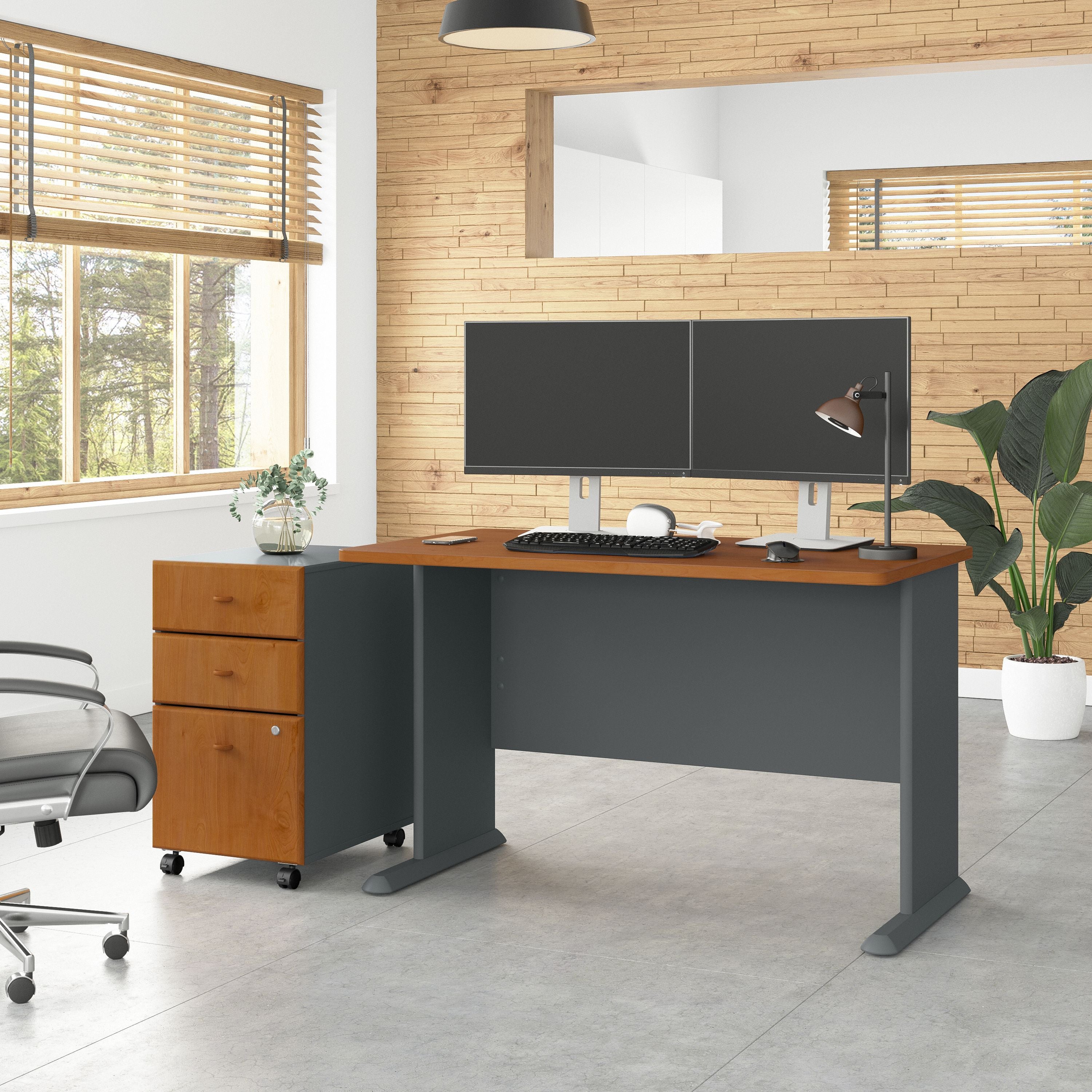 Bush Business Furniture Series A 48W Desk with Mobile File Cabinet in Natural Cherry and Slate - 47.52" Width x 26.81" Depth x 29.66" Height