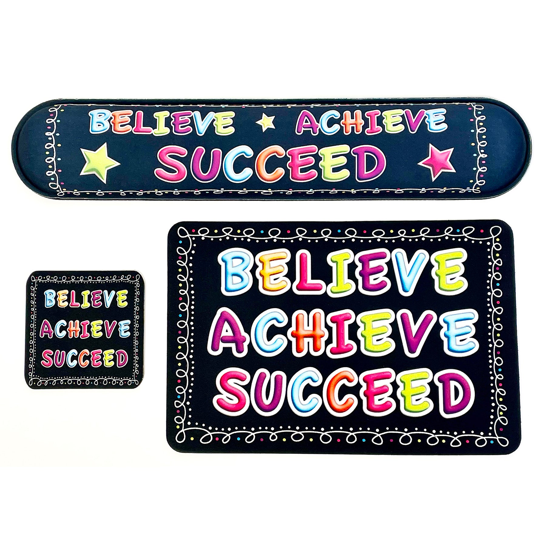 The Original Fun Mat® Computer Desk Mats, Set of 3, (1) Mouse Pad, (1) Keyboard Wrist Pad, (1) Coaster, Believe, Achieve, Succeed, Chalk Loops