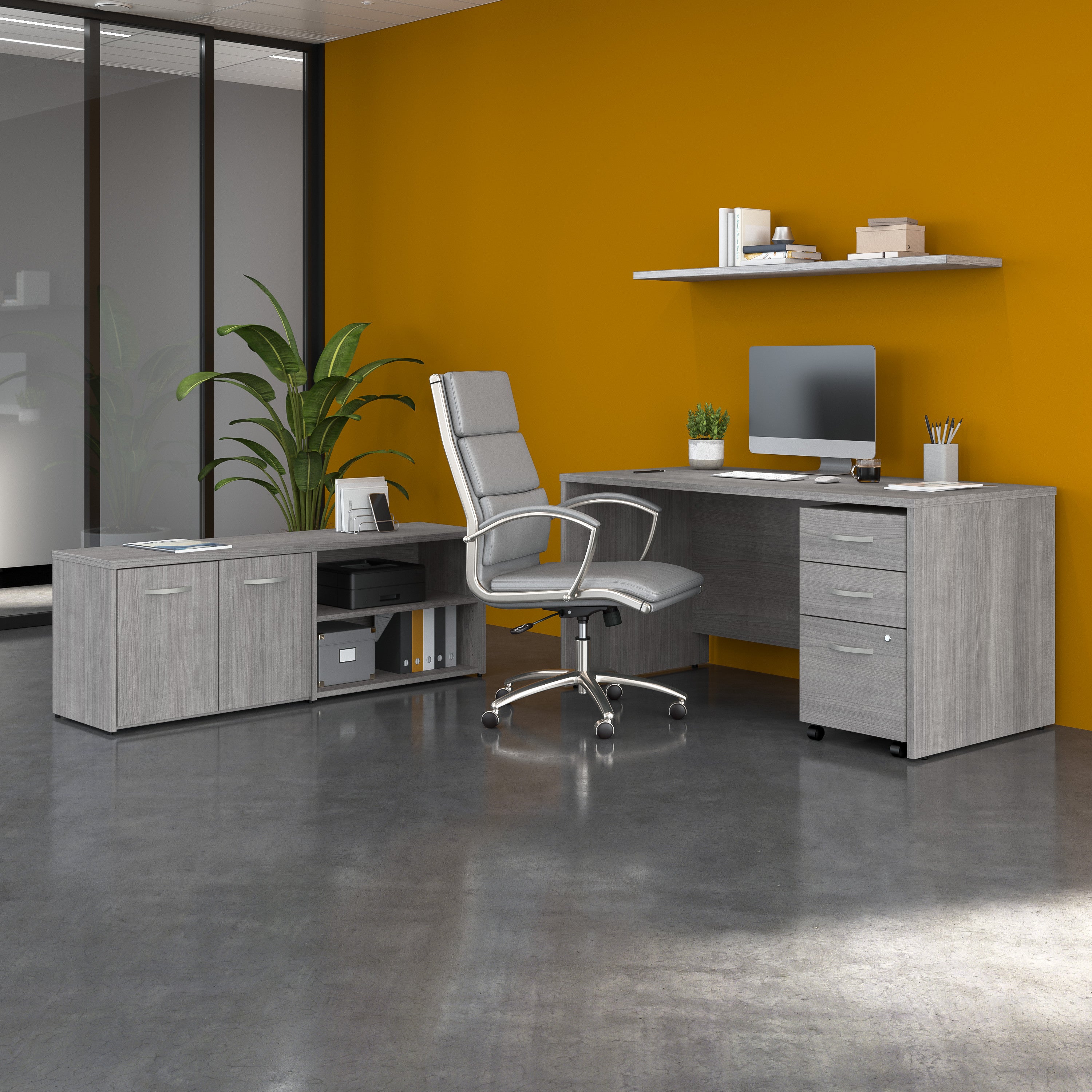 Bush Business Furniture Studio C 60W x 30D Office Desk with Storage Return and Mobile File Cabinet in Platinum Gray - 59.45" Width x 29.37" Depth x 29.84" Height