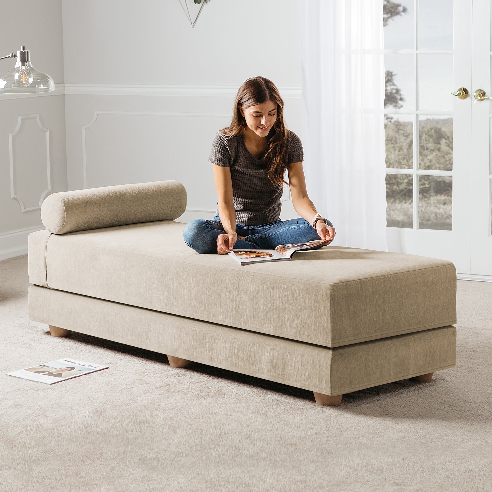 Jaxx Alon Daybed/Fold-Out Sleeper, Queen-Size Mattress - Premium Chenille, Beige