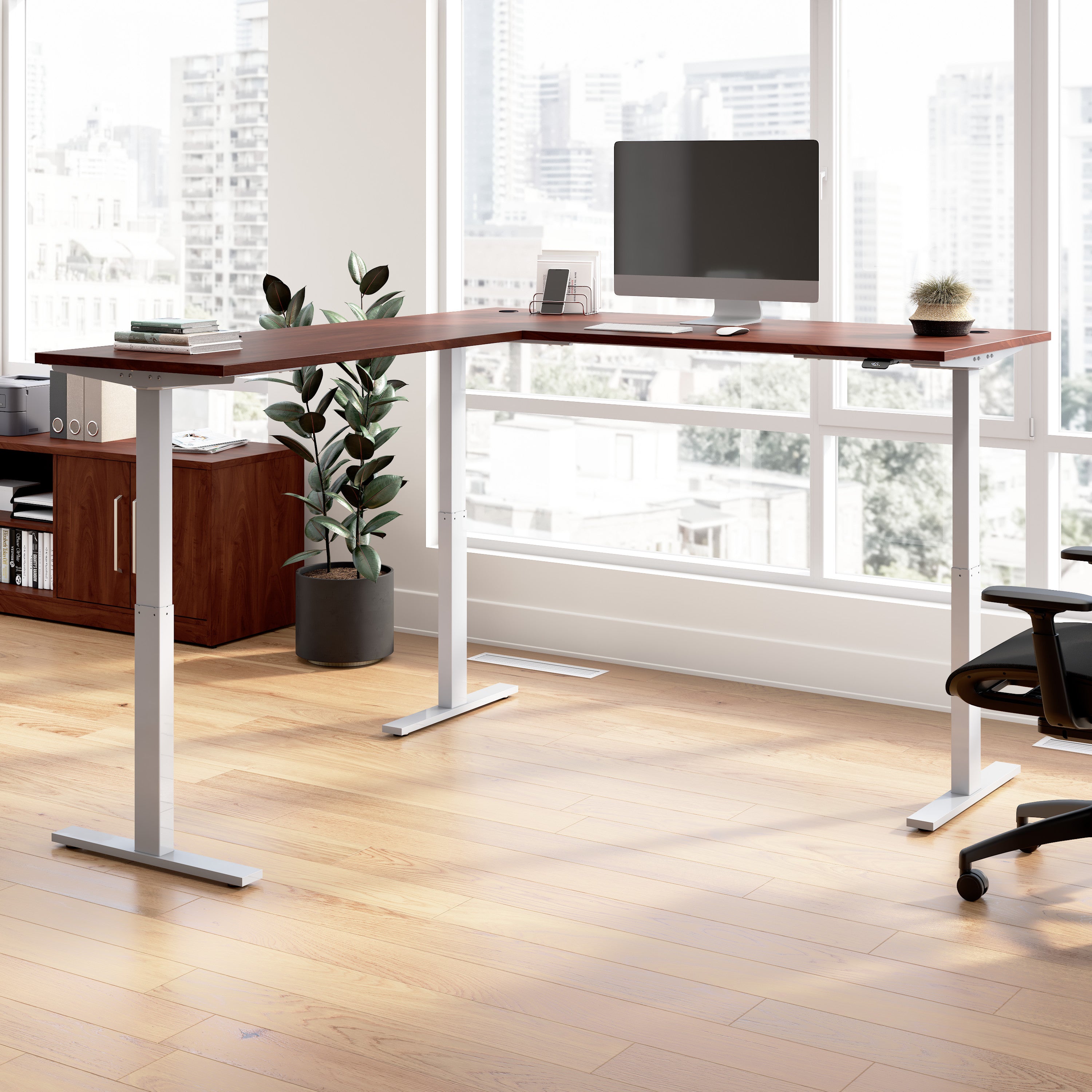 Bush Business Furniture Move 60 Series 72W Height Adjustable L Shaped Standing Desk in Hansen Cherry with Metallic Gray Base - 71.02" Width x 76.97" Depth x 27.44" Height