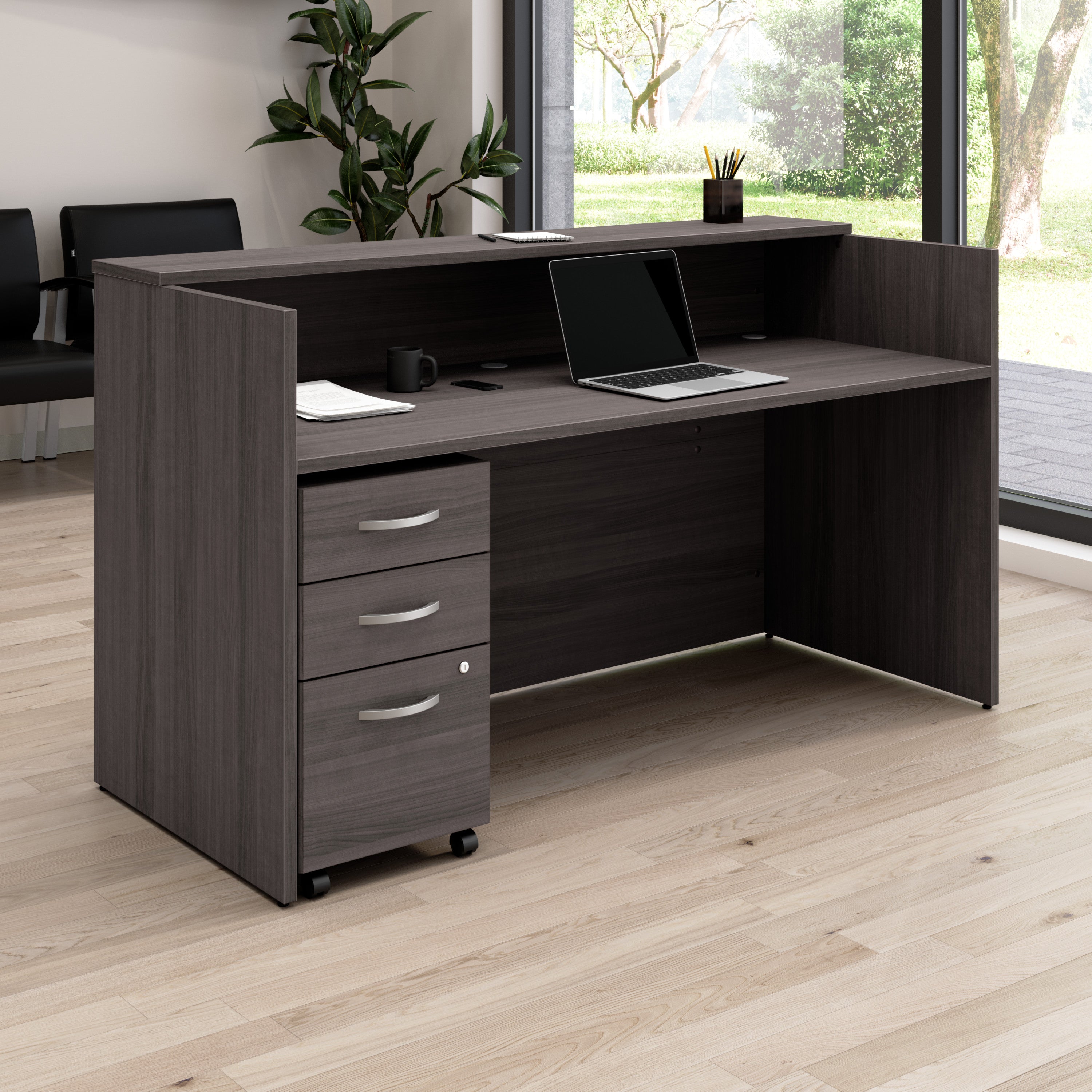 Bush Business Furniture Arrive 72W x 30D Reception Desk with Shelf and Mobile File Cabinet in Storm Gray - 71.02" Width x 29.49" Depth x 40.35" Height