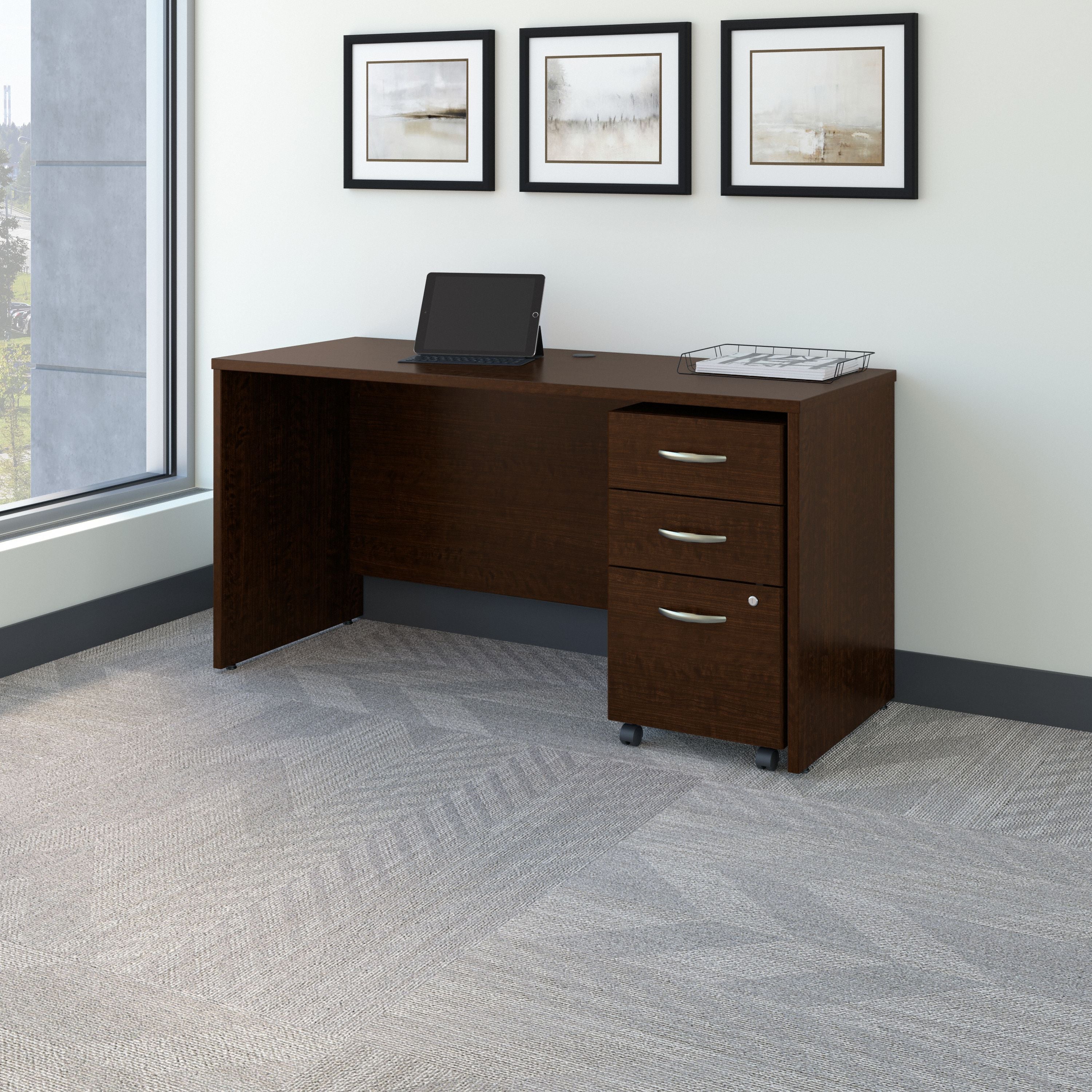 Bush Business Furniture Series C 60W x 24D Office Desk with Mobile File Cabinet in Mocha Cherry - 59.45" Width x 23.35" Depth x 29.8" Height