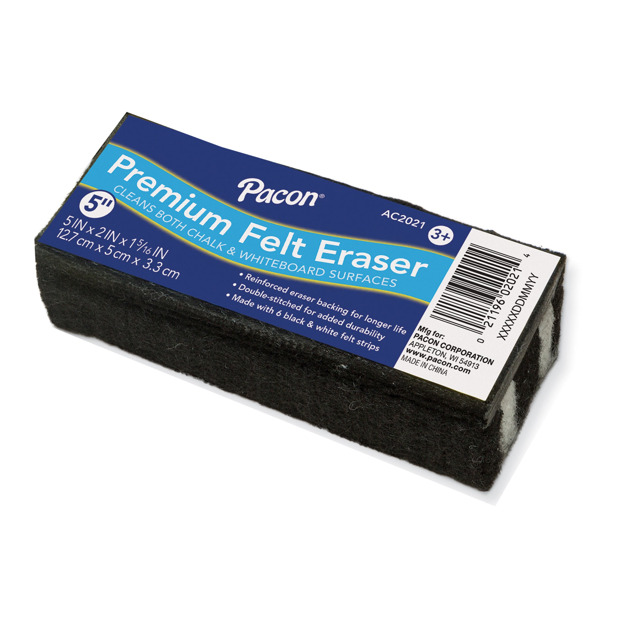 Premium Chalk & Whiteboard Eraser, 6 Black & White Felt Strips, Double-Stitched, Reinforced Backing, 5", Pack of 3