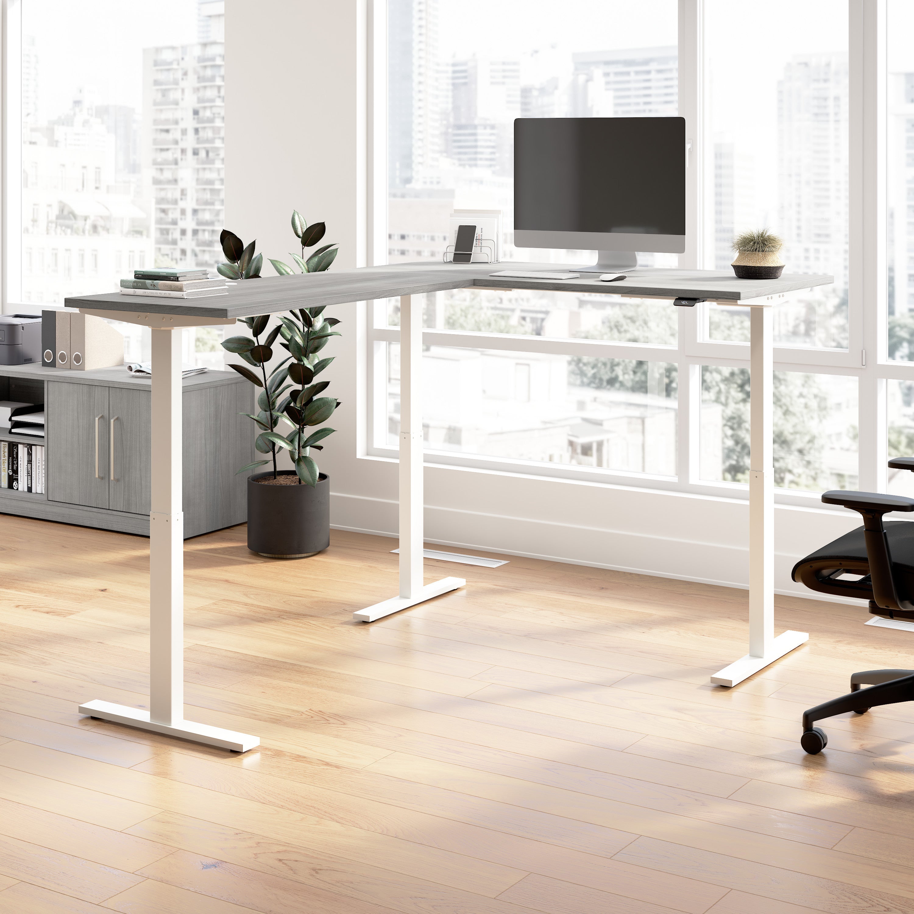 Bush Business Furniture Move 60 Series 60W Height Adjustable L Shaped Standing Desk in Platinum Gray with White Base - 59.45" Width x 76.97" Depth x 27.44" Height