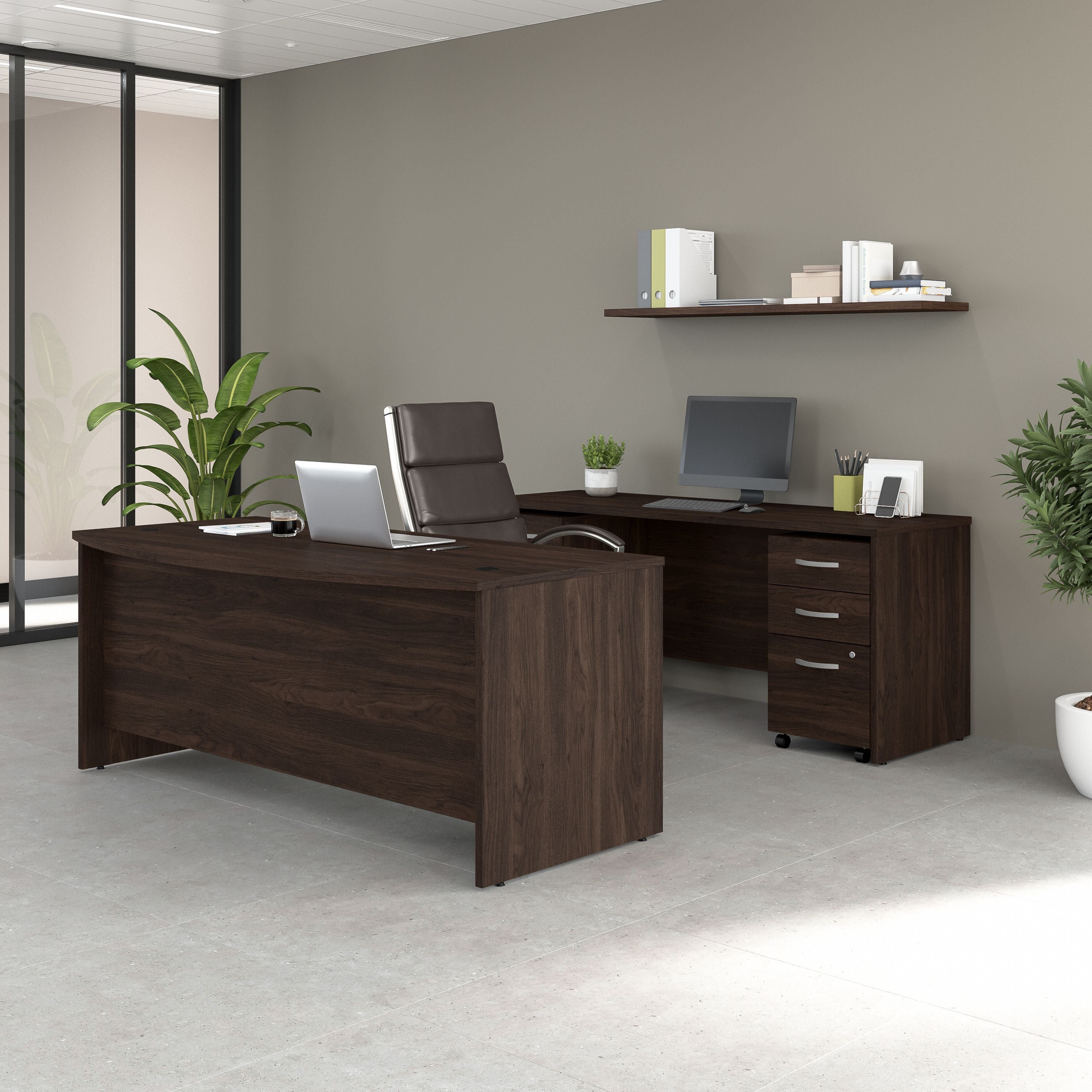Bush Business Furniture Studio C 72W x 36D Bow Front Desk and Credenza with Mobile File Cabinets in Black Walnut - 71.02" Width x 94.78" Depth x 29.84" Height