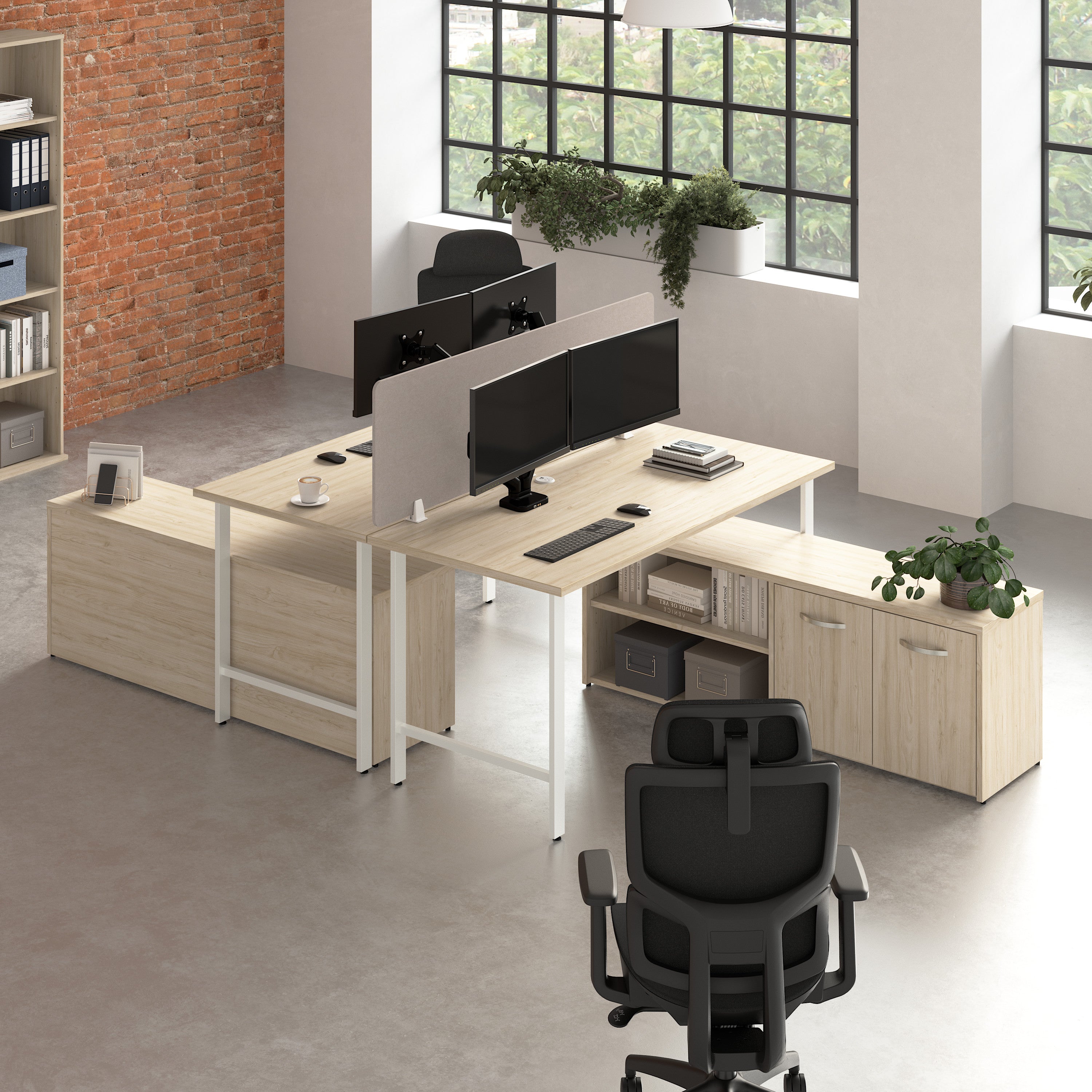 Bush Business Furniture Hustle 2 Person Computer Desk with Low Storage Cabinets, Power Grommets, and Privacy Screen in Natural Elm - 59.44" Width x 29.37" Depth x 30.07" Height