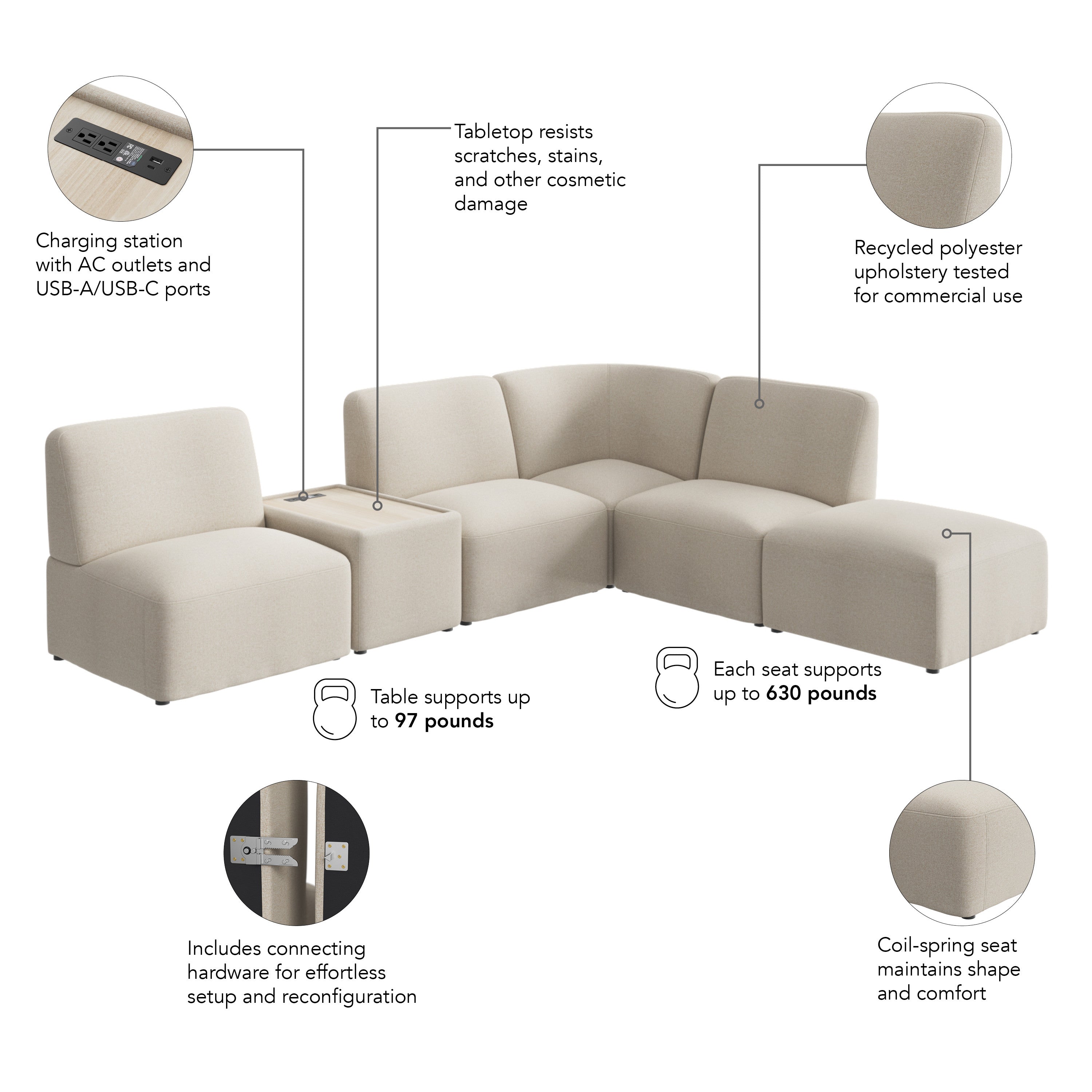 Bush Business Furniture Assemble Modular 5 Seater L Shaped Sectional with Charging Station in Oat Fabric - 100.6" Width x 89.76" Depth x 29.92" Height
