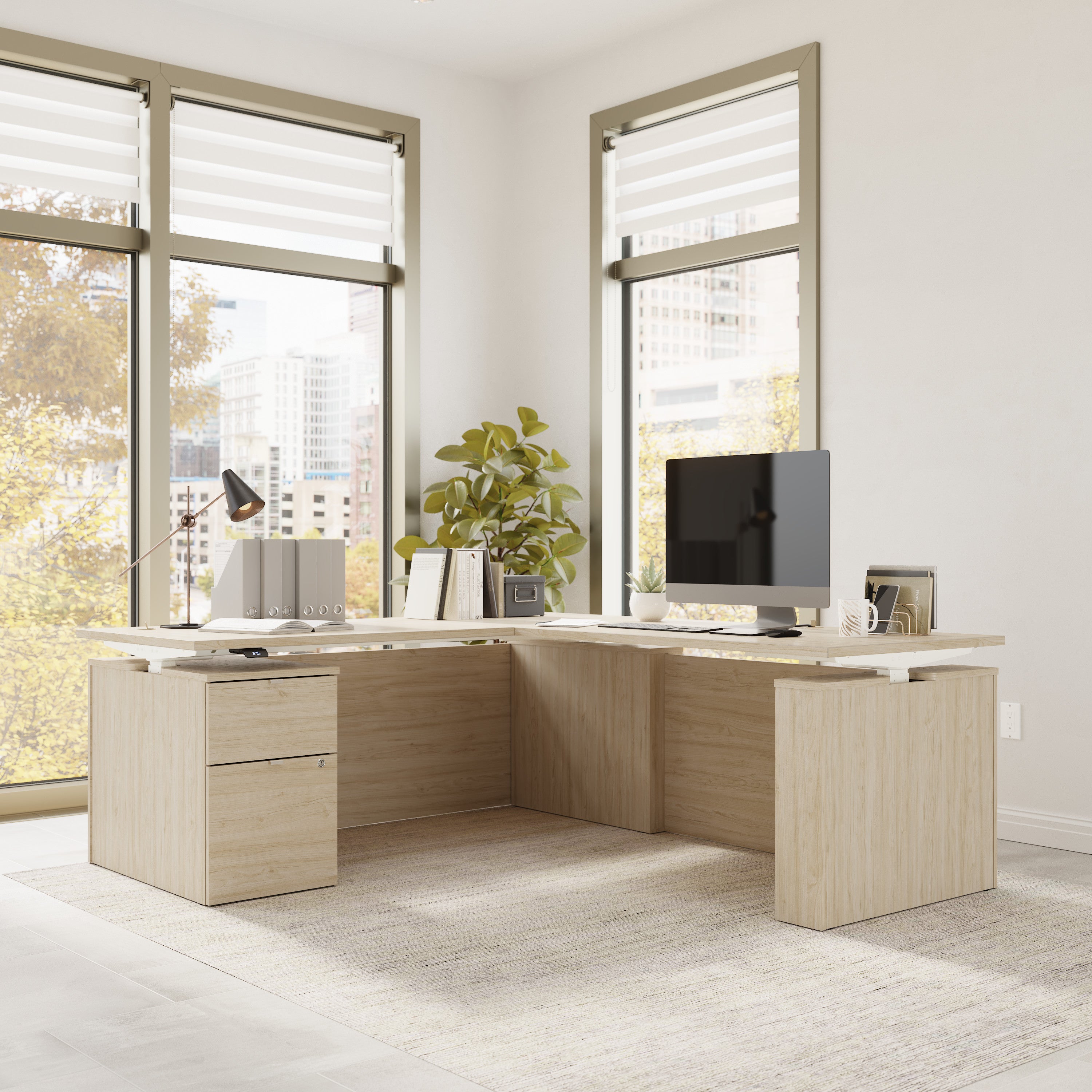 Bush Business Furniture Stratus&nbsp;72W x&nbsp;78D Height Adjustable L Shaped Standing Desk with File Cabinet in Natural Elm with White Base - 71.02" Width x 76.97" Depth x 27.44" Height