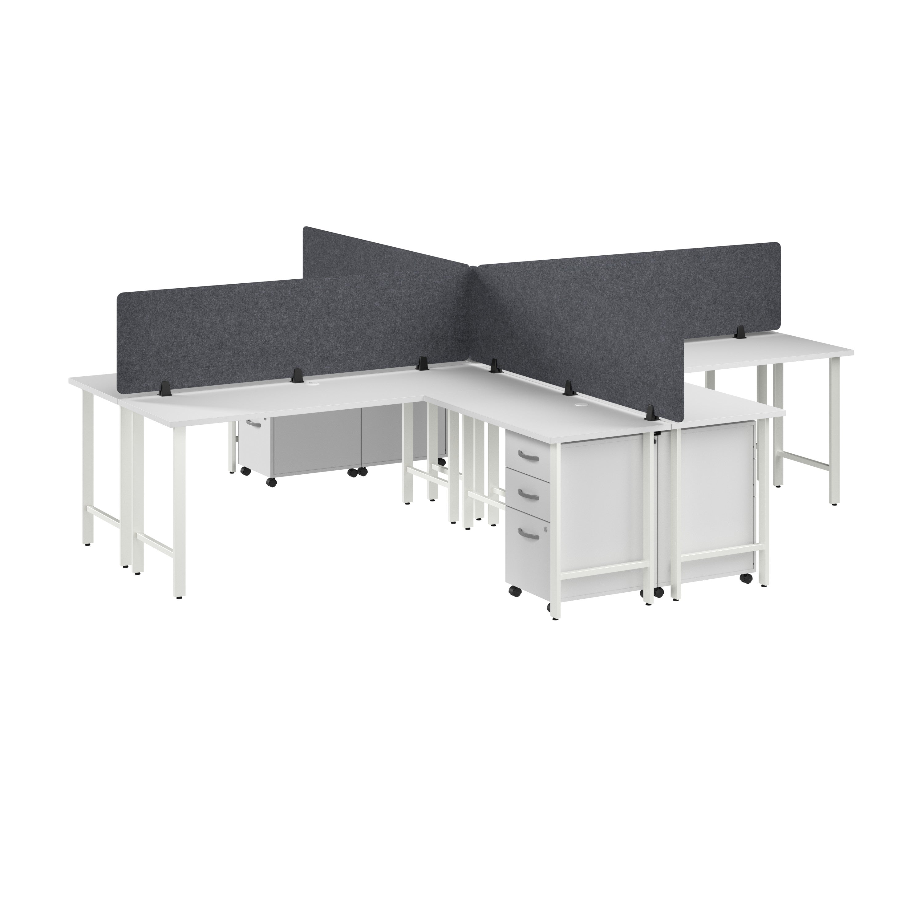 Bush Business Furniture Hustle 4 Person L Shaped Desk with Mobile File Cabinets, Power Grommets, and Privacy Screens in White - 71.02" Width x 23.34" Depth x 30.07" Height