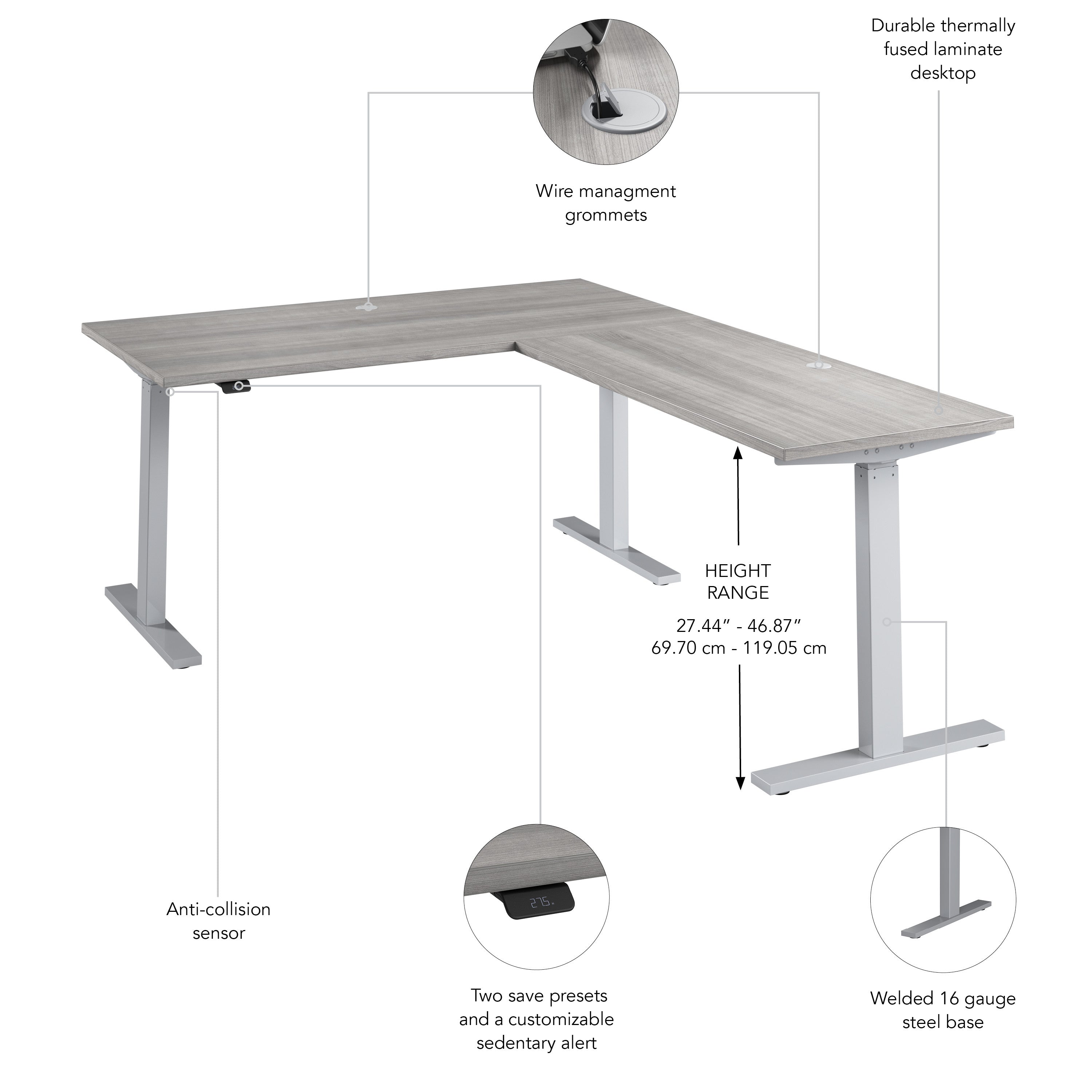 Bush Business Furniture Move 60 Series 60W Height Adjustable L Shaped Standing Desk in Platinum Gray with Metallic Gray Base - 59.45" Width x 76.97" Depth x 27.44" Height
