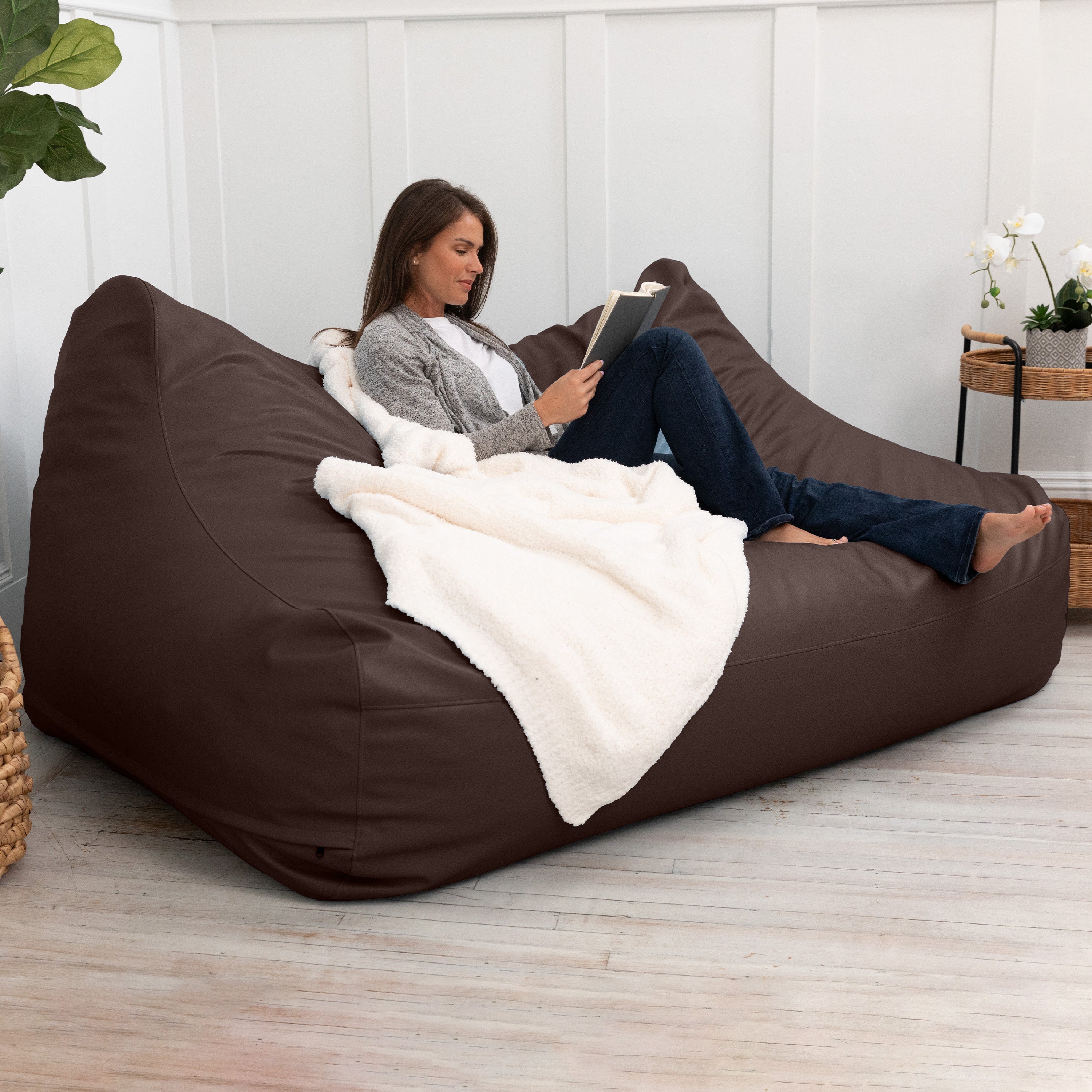 Atrium Collection Lozia Loveseat - Large Foam Bean Bag Sofa for Home Theaters, Offices, Schools, Reception & Waiting Rooms - Faux-Leather - Chocolate