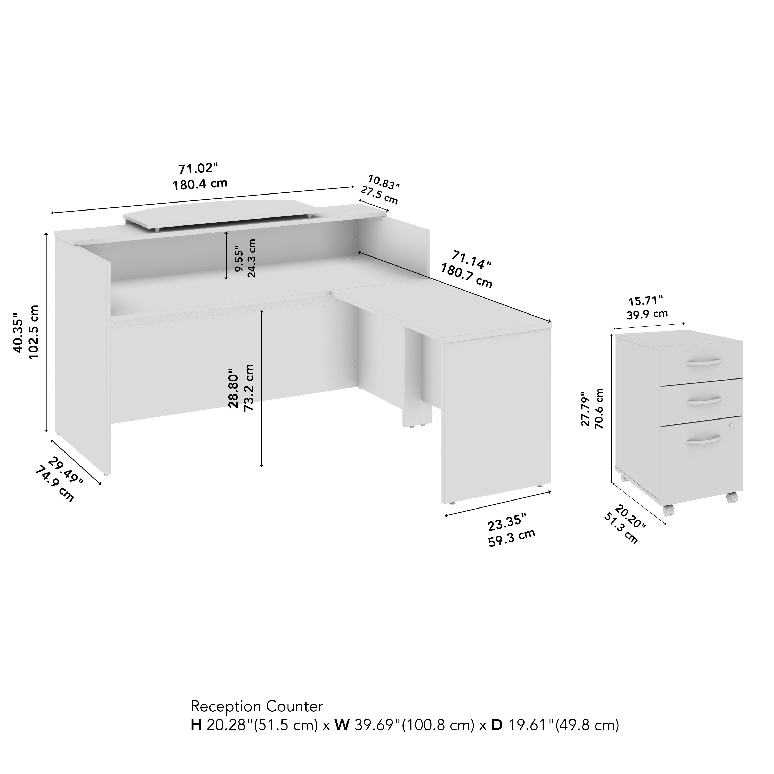 Bush Business Furniture Arrive 72W x 72D L Shaped Reception Desk with Counter and Mobile File Cabinet in Storm Gray - 71.02" Width x 71.14" Depth x 40.35" Height