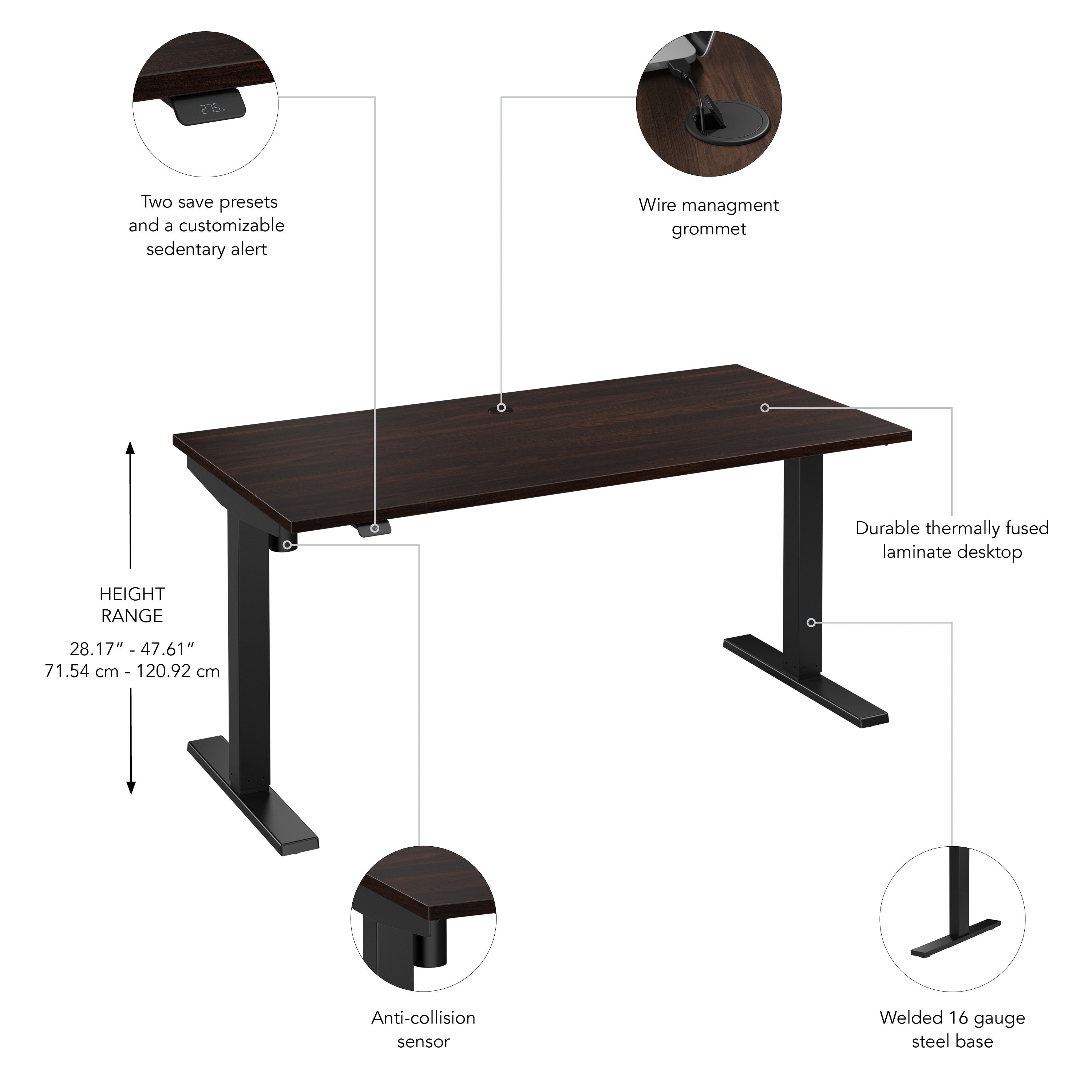 Bush Business Furniture Move 40 Series 60W x 30D Electric Height Adjustable Standing Desk in Black Walnut with Black Base - 59.45" Width x 29.37" Depth x 28.17" Height