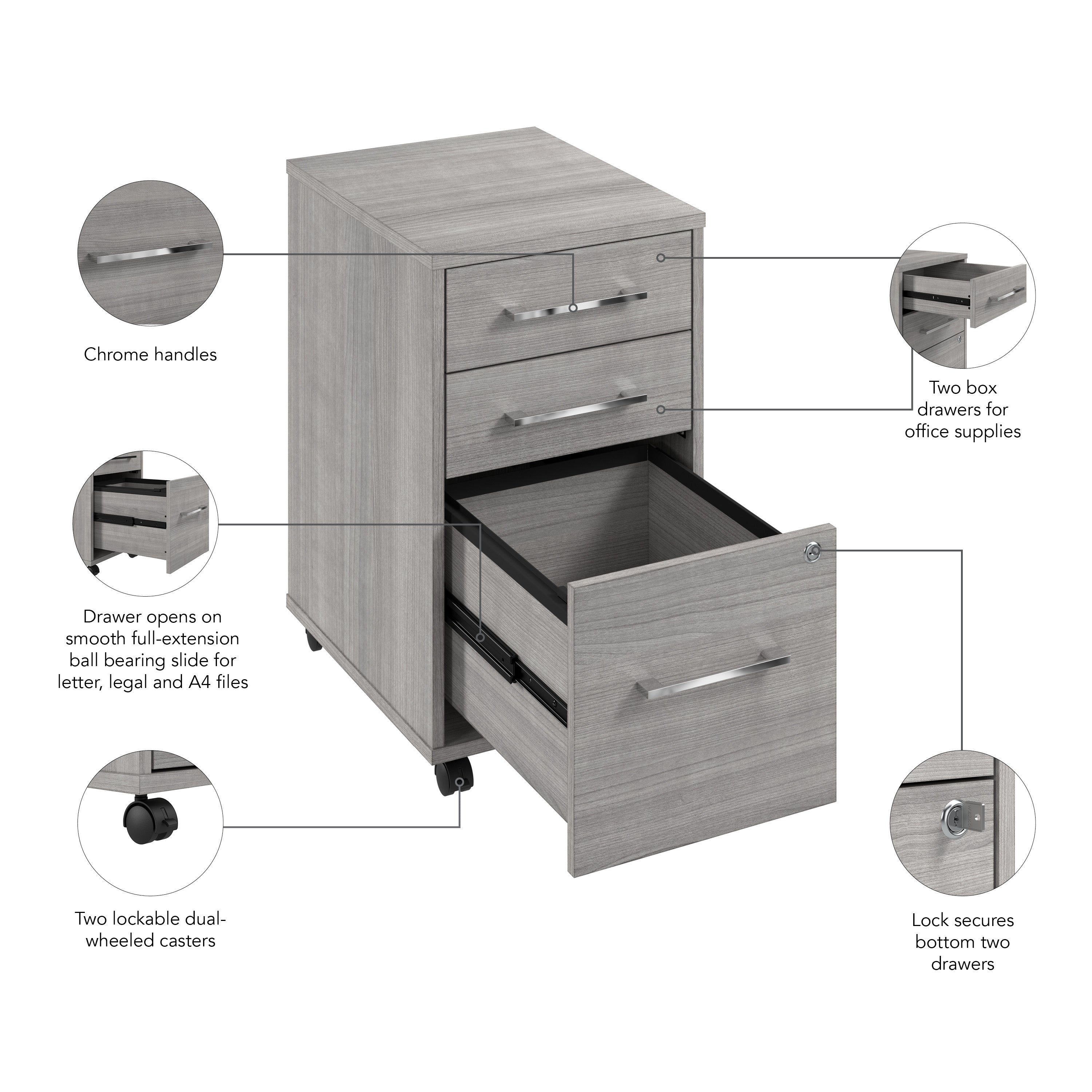 Bush Business Furniture Hustle 3 Drawer Rolling File Cabinet with Lock in Platinum Gray - Assembled - 15.67" Width x 19.69" Depth x 27.36" Height