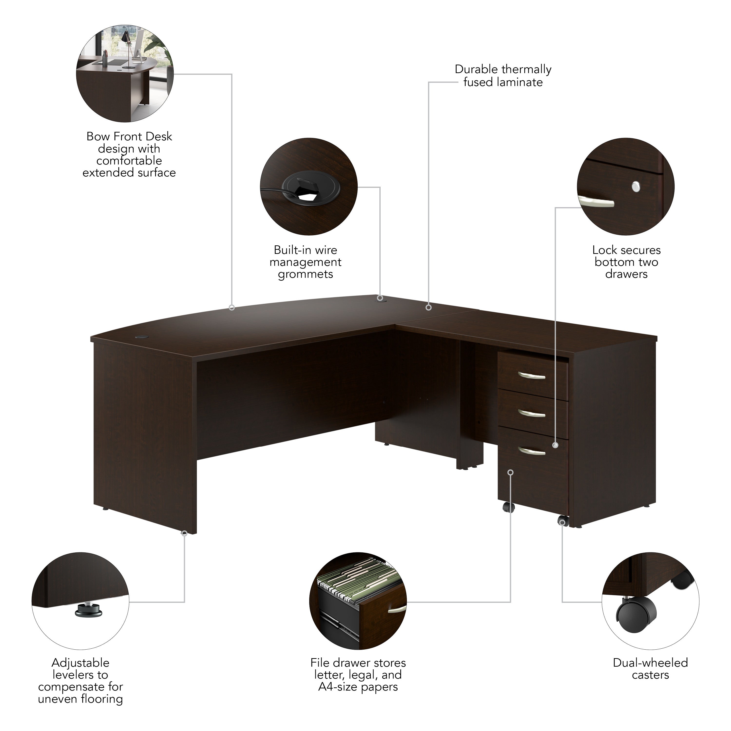 Bush Business Furniture Series C 72W Bow Front L Shaped Desk with 42W Return and Mobile File Cabinet in Mocha Cherry - 71.02" Width x 77.08" Depth x 29.84" Height