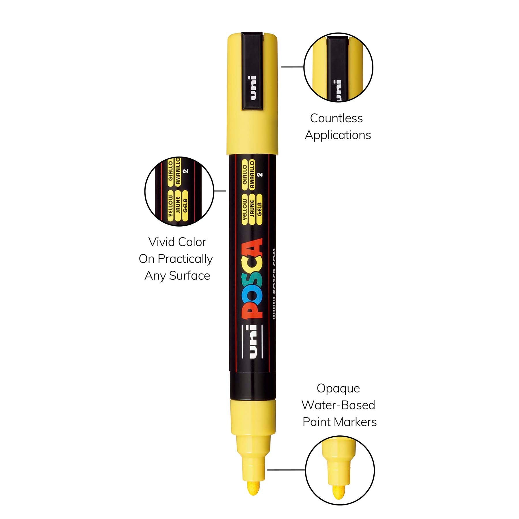 uni® POSCA PC-5M Water-Based Paint Markers, Reversible Medium Tip (1.8-2.5mm), Yellow