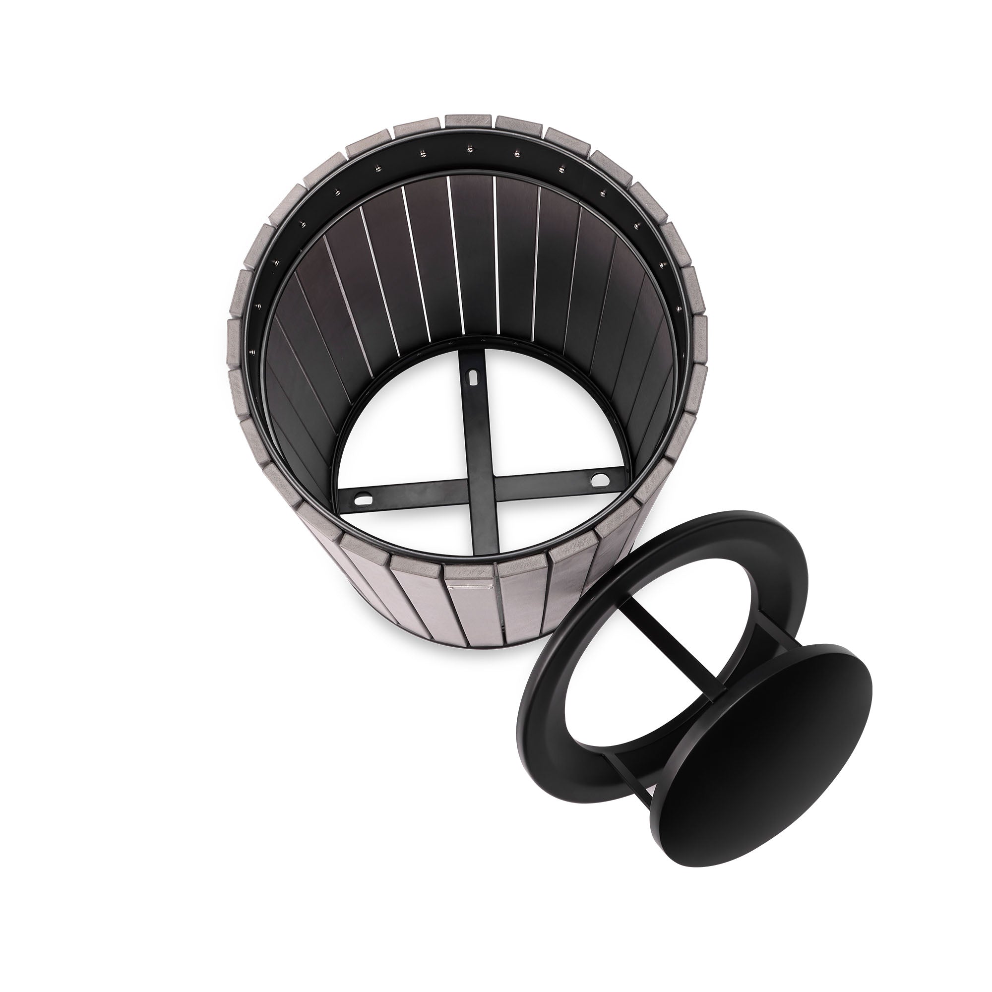 Round, 32-Gallon Outdoor Trash Container with Slatted Recycled Plastic Panels - Rain Bonnet Lid - Grey