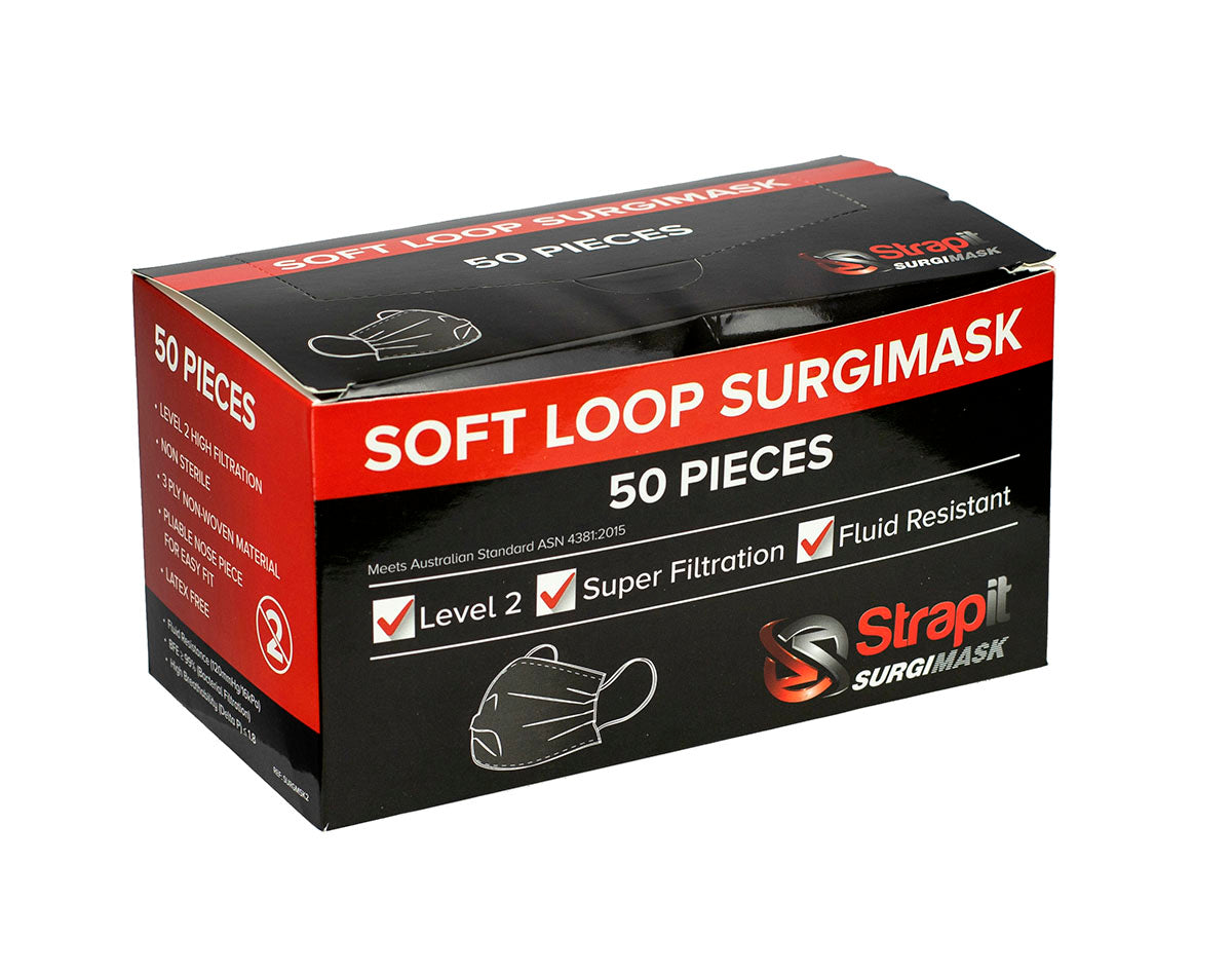 Strapit Surgimask Face Masks, 3 ply disposable with ear loops, ASTM Level 2, Box of 50