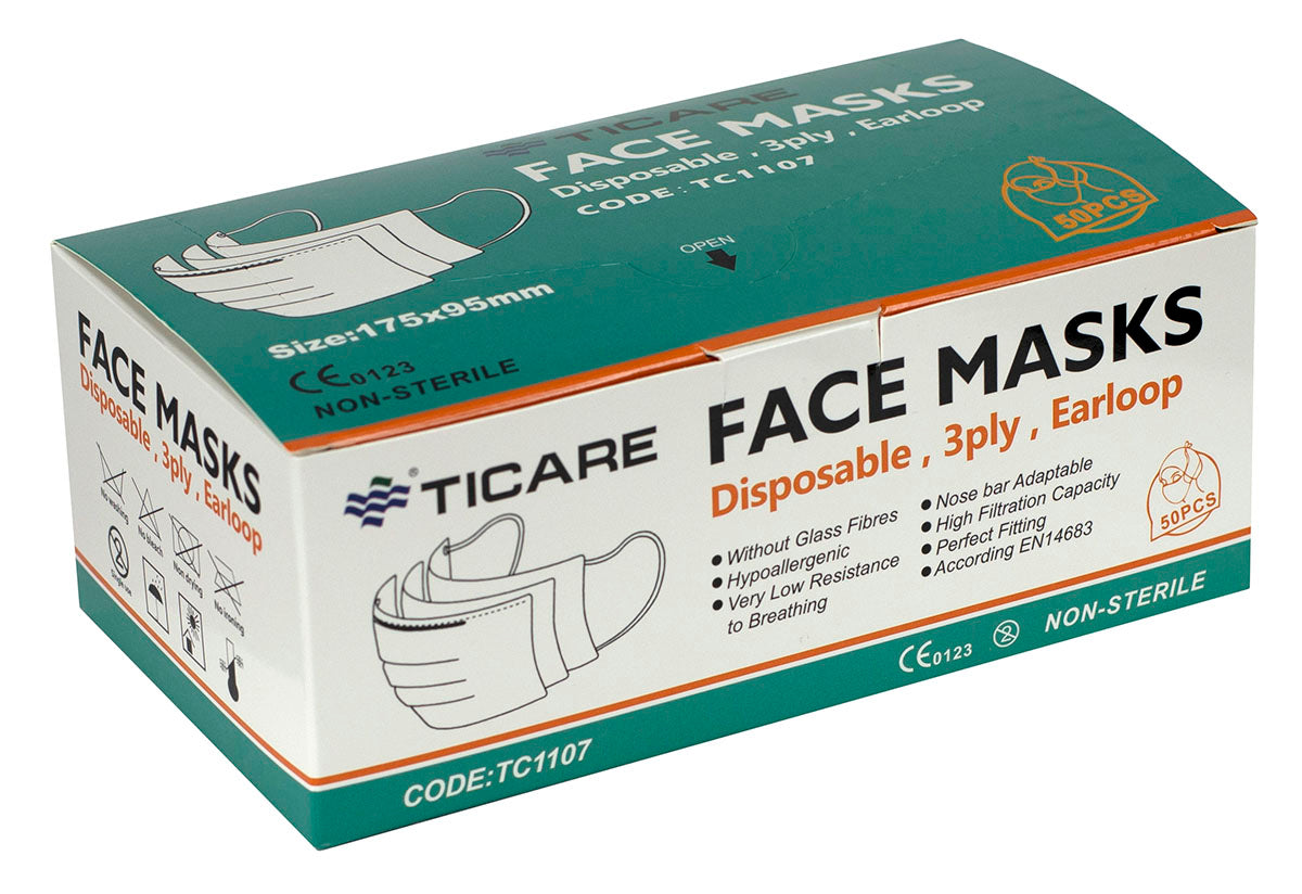Ticare Face Masks, 3 ply disposable with ear loops, Box of 50