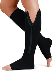 Zipper Compression Socks (2-Pack) for Men/Women with Open Toe, Knee High 20-30mmHg Hose