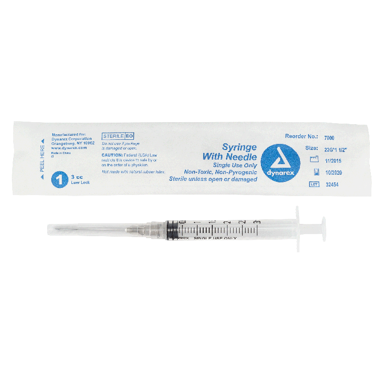 Syringe - Non-Safety with Needle - Luer Lock, 3 cc, 22G Needle Gauge, 1 1/2" Needle - 100 pcs per Box, 8 Boxes per Case
