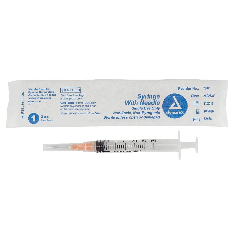 Syringe - Non-Safety with Needle - Luer Lock, 3 cc, 25G Needle Gauge, 5/8" Needle - 100 pcs per Box, 8 Boxes per Case
