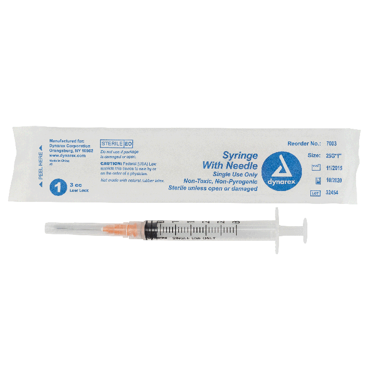 Syringe - Non-Safety with Needle - Luer Lock, 3 cc, 25G Needle Gauge, 1" Needle - 100 pcs per Box, 8 Boxes per Case