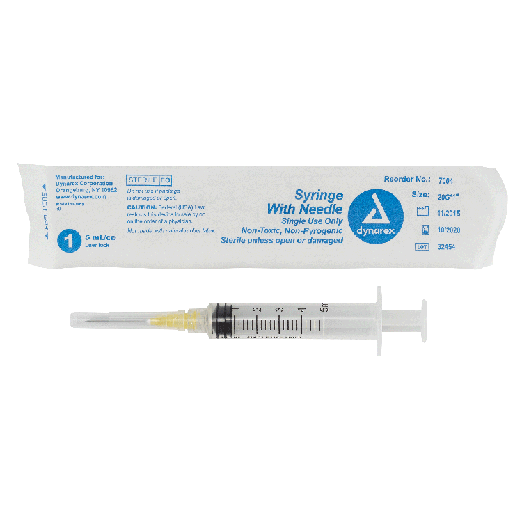 Syringe - Non-Safety with Needle - Luer Lock, 5 cc, 20G Needle Gauge, 1" Needle - 100 pcs per Box, 4 Boxes per Case