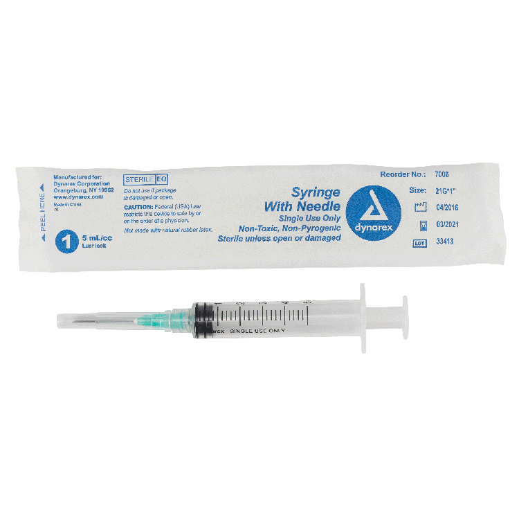 Syringe - Non-Safety with Needle - Luer Lock, 5 cc, 21G Needle Gauge, 1" Needle - 100 pcs per Box, 4 Boxes per Case